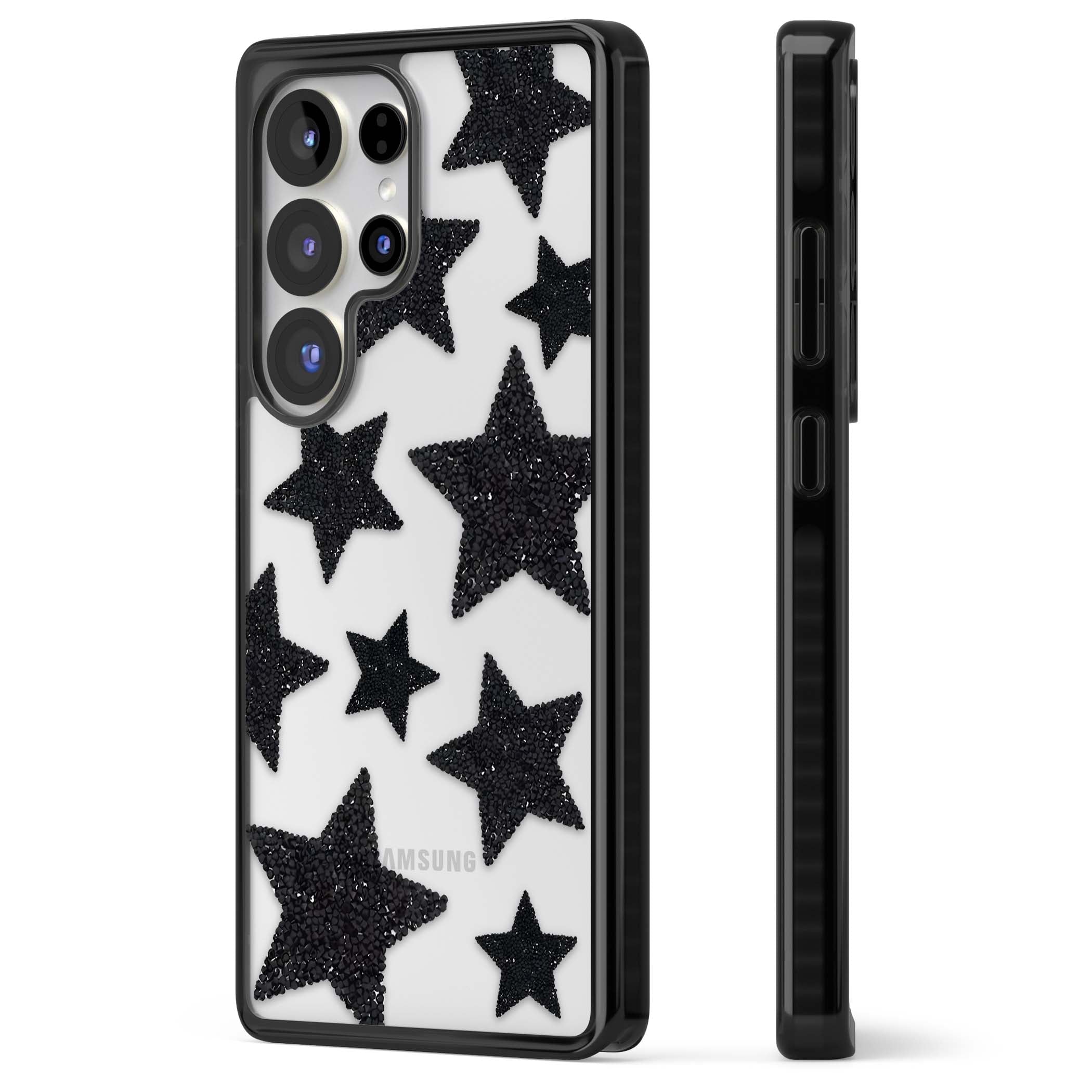 Beaded Black Stars celestial iPhone case featuring black glitter beaded stars scattered on a clear background | Black Impact case for Samsung Galaxy S25 Ultra