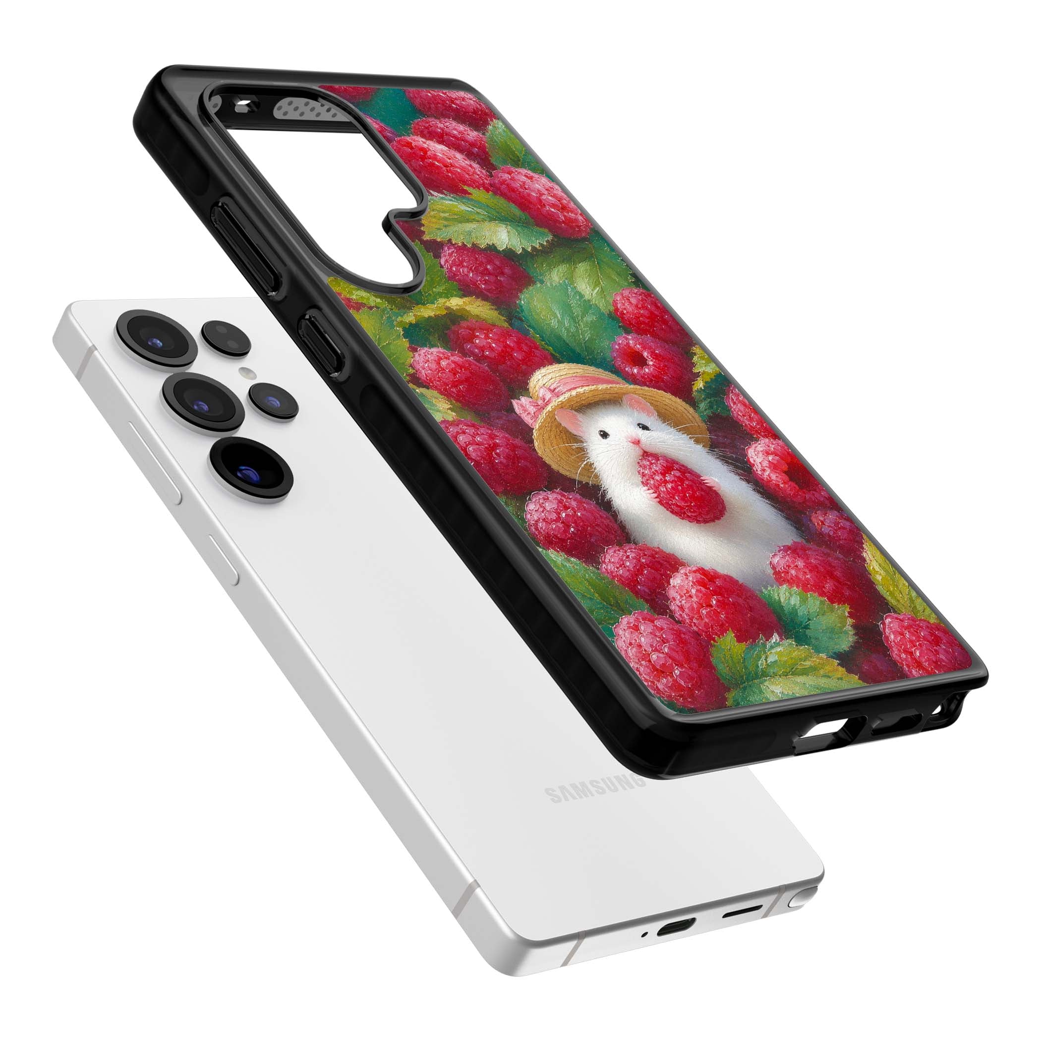 Berry Forager cottagecore iPhone case featuring a white hamster in a straw hat holding a raspberry surrounded by ripe ber | Black Impact case for Samsung Galaxy S25 Ultra