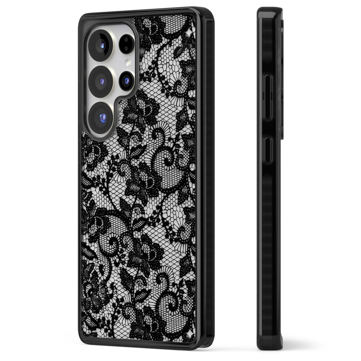 Black Lace gothic iPhone case featuring intricate black floral lace pattern with vintage whimsigoth detail | Black Impact case for Samsung Galaxy S25 Ultra