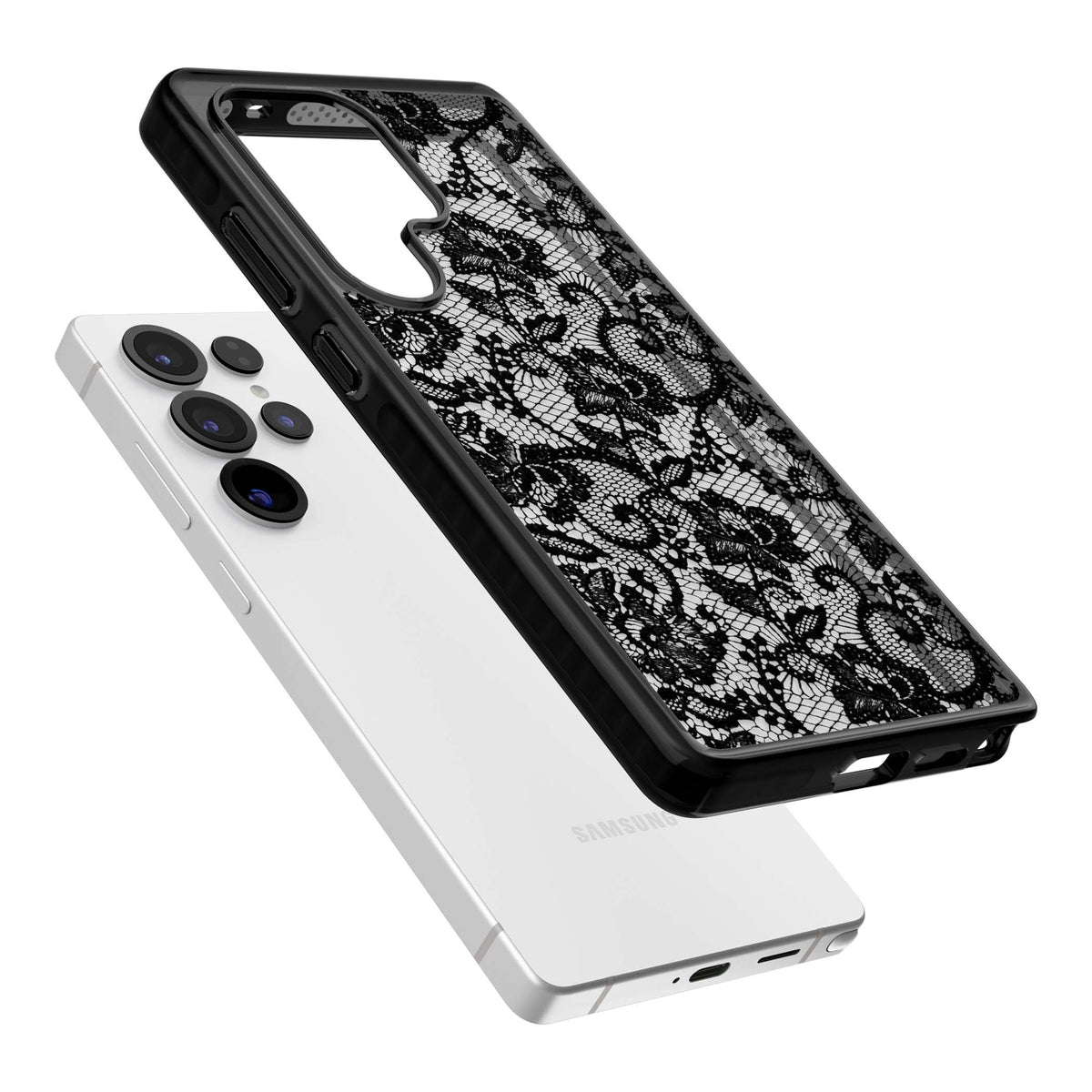 Black Lace gothic iPhone case featuring intricate black floral lace pattern with vintage whimsigoth detail | Black Impact case for Samsung Galaxy S25 Ultra