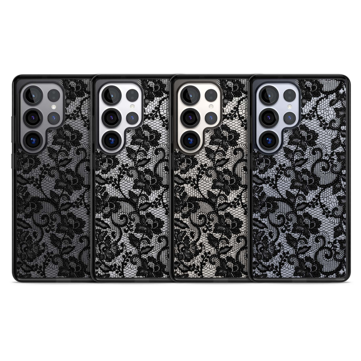 Black Lace gothic iPhone case featuring intricate black floral lace pattern with vintage whimsigoth detail | Black Impact case for Samsung Galaxy S25 Ultra
