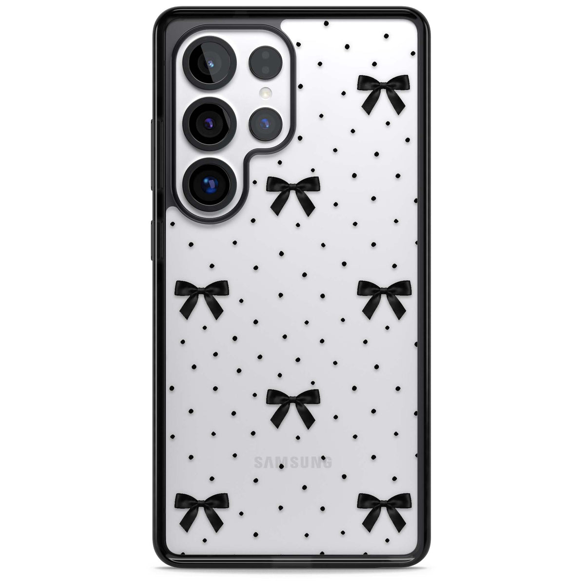 Black Polka Bows coquette iPhone case featuring scattered black satin bows and tiny polka dots on a clear base | Black Impact case for Samsung Galaxy S25 Ultra