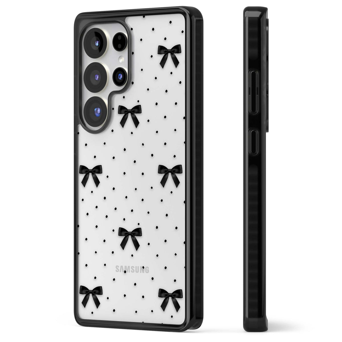 Black Polka Bows coquette iPhone case featuring scattered black satin bows and tiny polka dots on a clear base | Black Impact case for Samsung Galaxy S25 Ultra