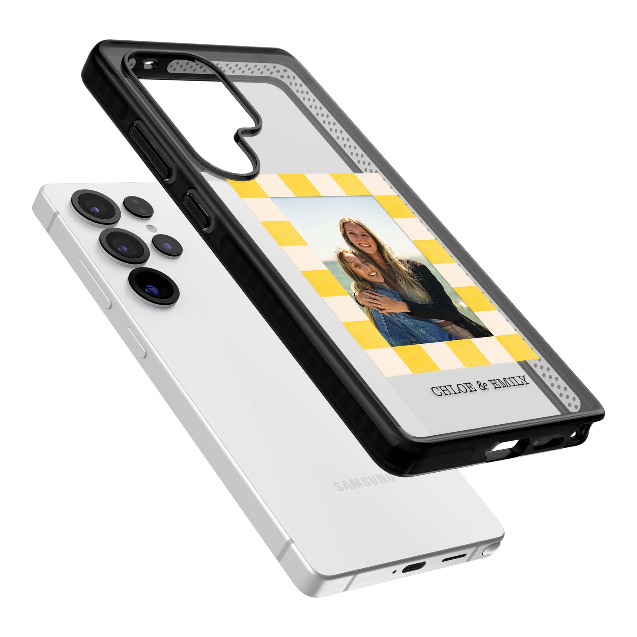 Yellow Check Photo personalised iPhone case with yellow checkered Polaroid frame and custom names beneath | Black Impact case for Samsung Galaxy S25 Ultra