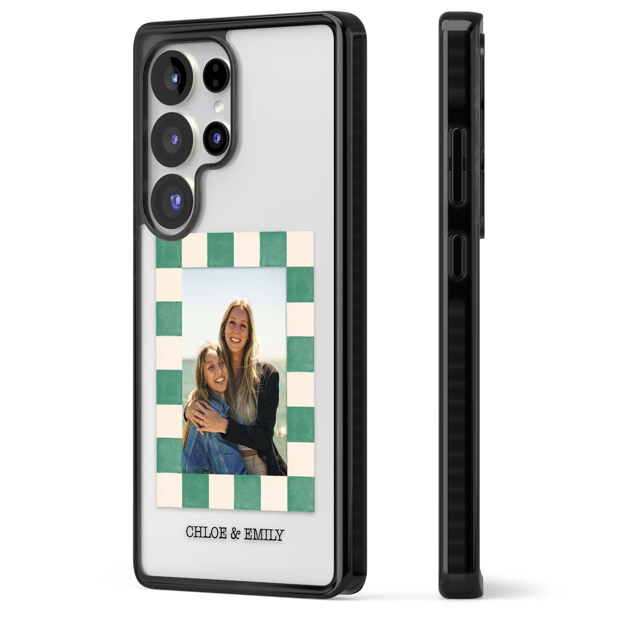 Seafoam Check Photo personalised iPhone case featuring a custom polaroid photo, green and cream checkered frame, and custom n | Black Impact case for Samsung Galaxy S25 Ultra