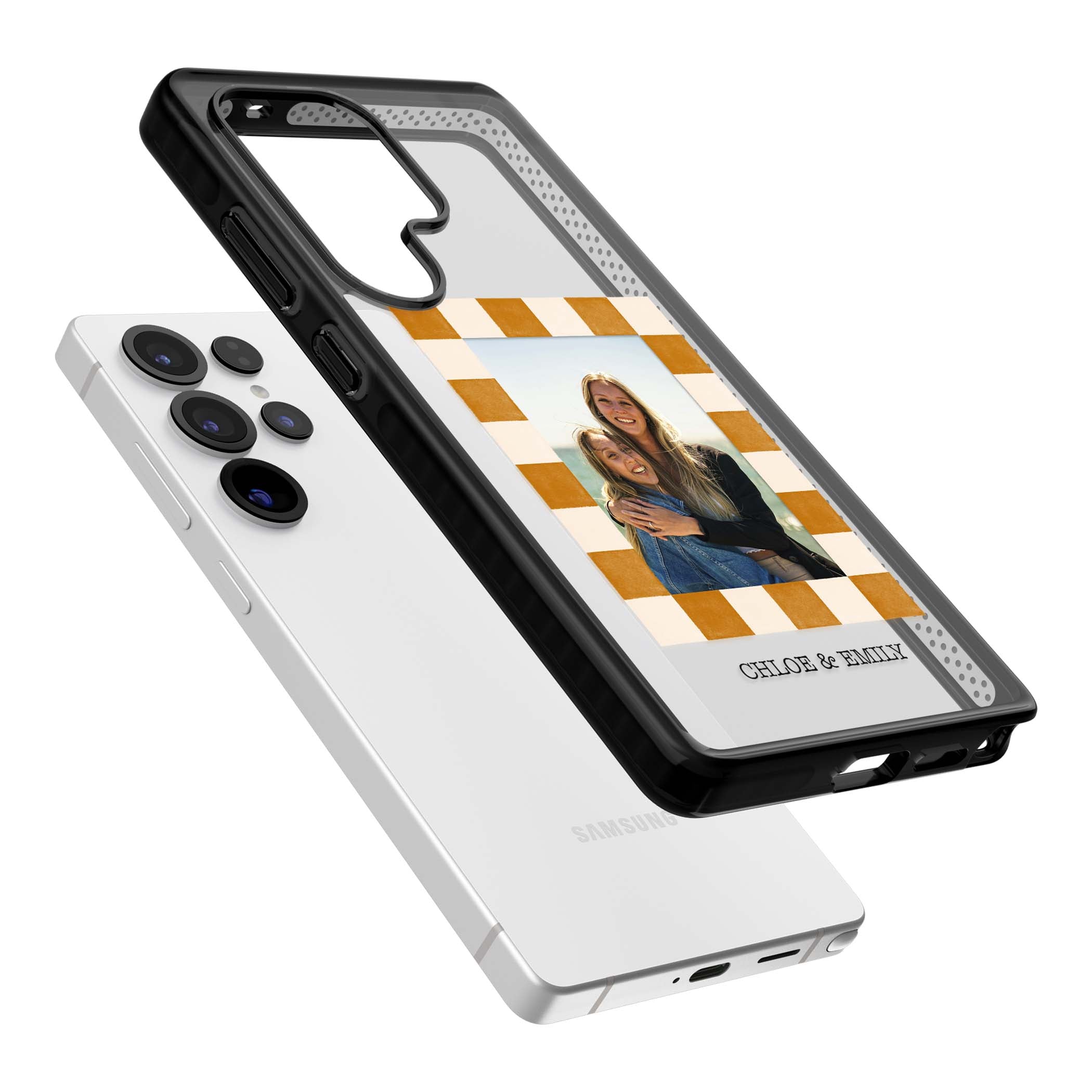 Citrus Check Photo personalised iPhone case with custom photo, orange checkered frame and names underneath | Black Impact case for Samsung Galaxy S25 Ultra