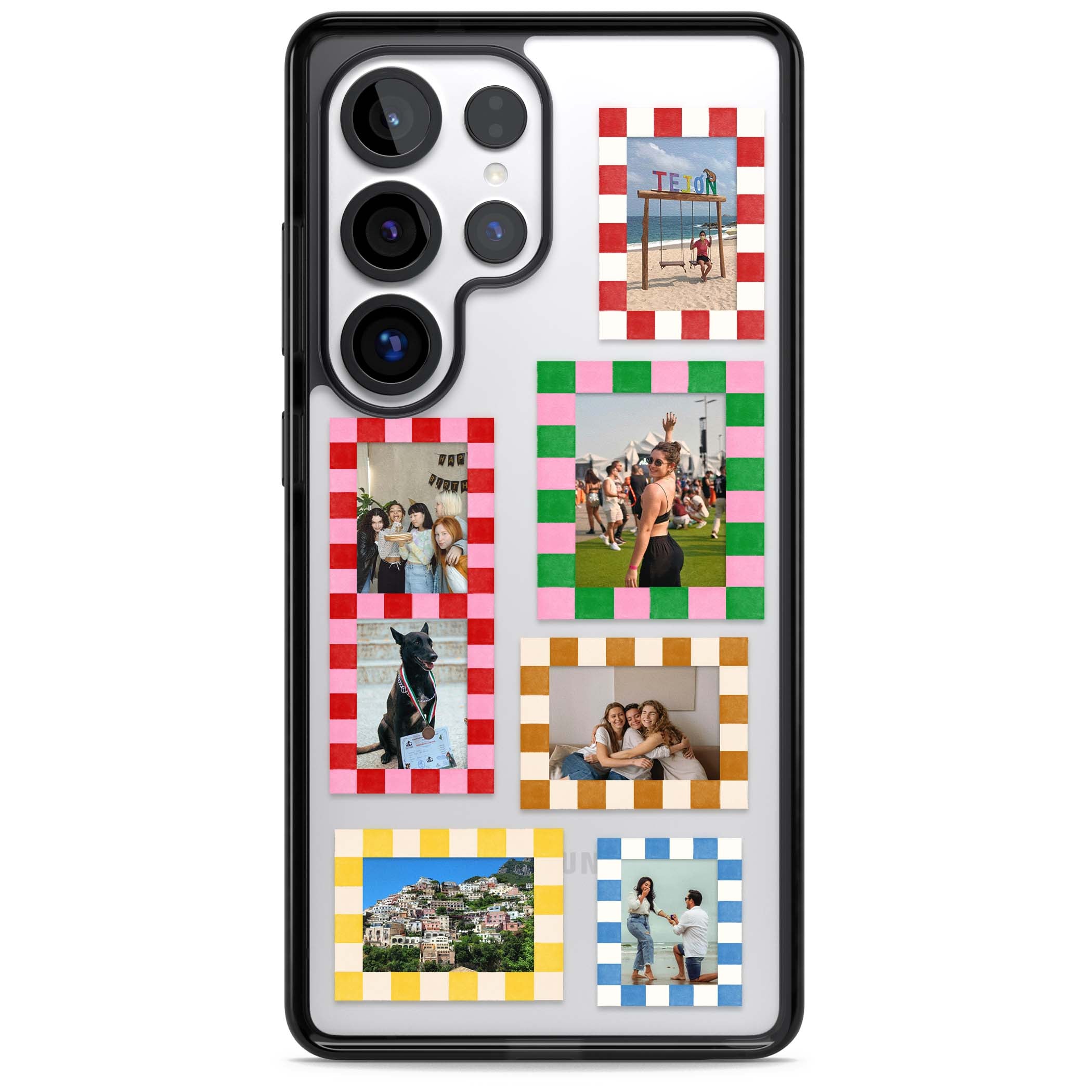 Italian Check Frames custom photo collage iPhone case featuring six checkered photo frames in red, green, pink and | Black Impact case for Samsung Galaxy S25 Ultra
