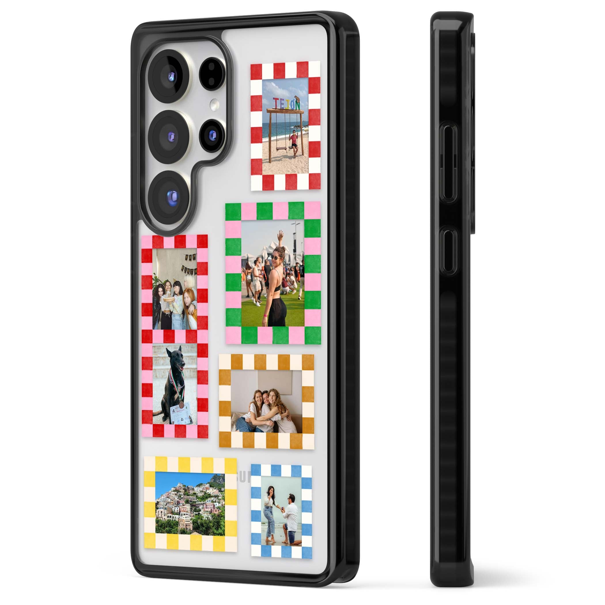Italian Check Frames custom photo collage iPhone case featuring six checkered photo frames in red, green, pink and | Black Impact case for Samsung Galaxy S25 Ultra