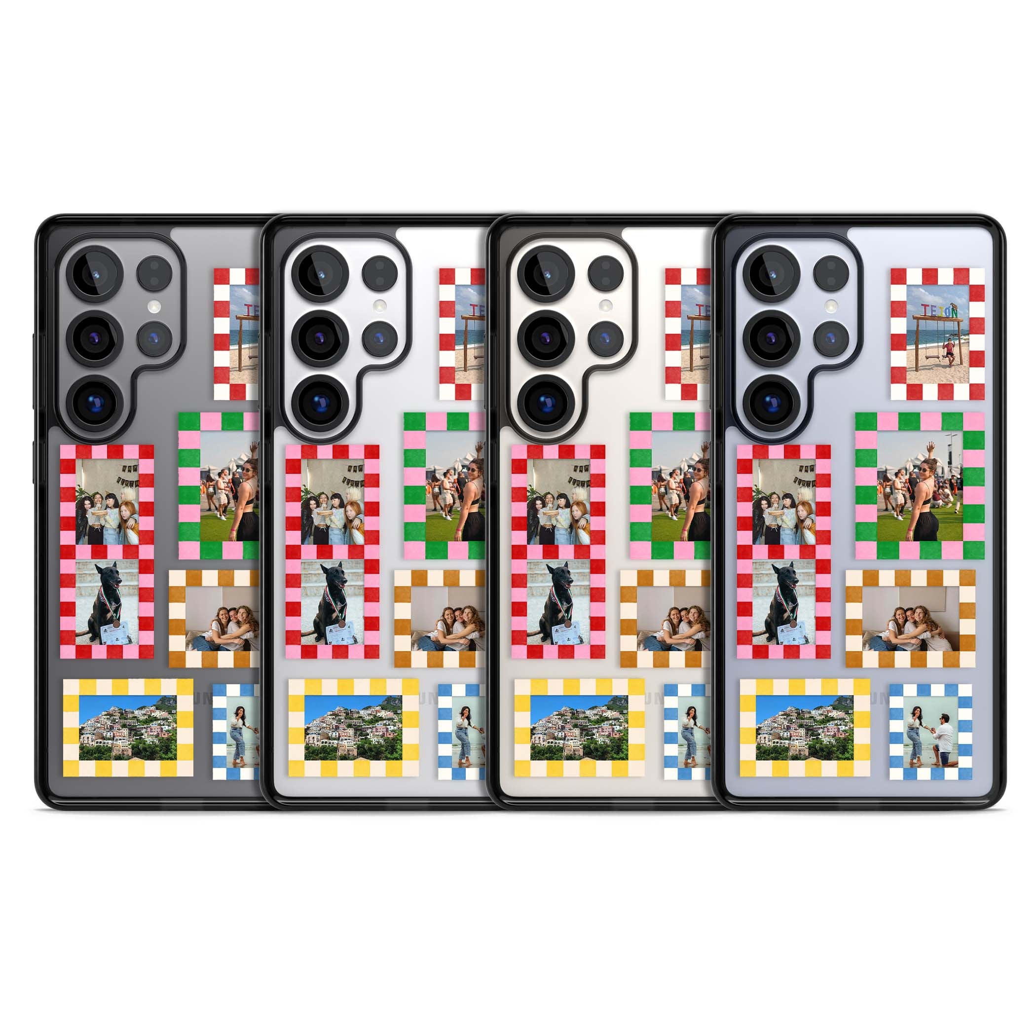 Italian Check Frames custom photo collage iPhone case featuring six checkered photo frames in red, green, pink and | Black Impact case for Samsung Galaxy S25 Ultra