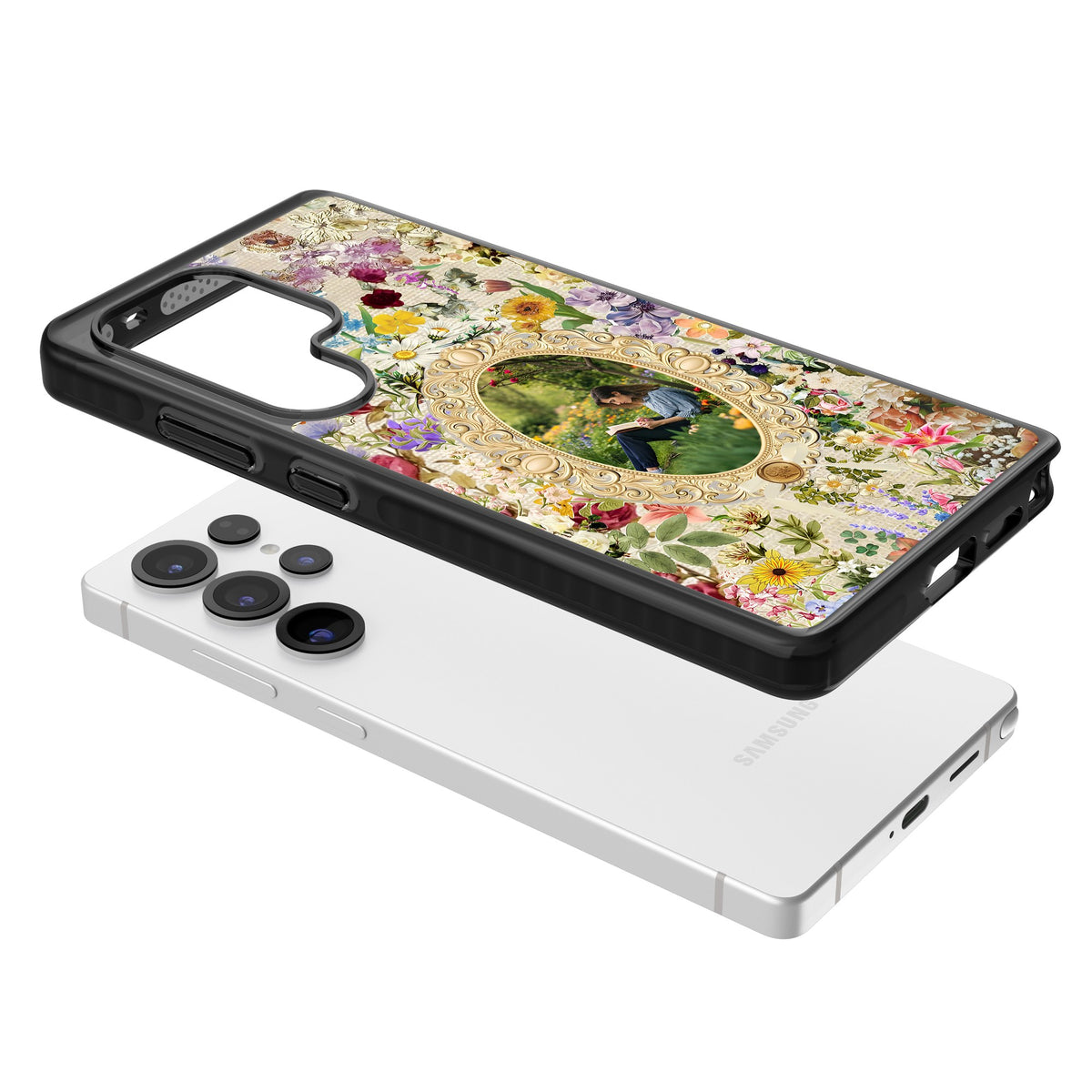 Personalised Vintage Wildflower Frame Samsung S25 Ultra / Samsung S26 Ultra Impact Black Phone Case angled