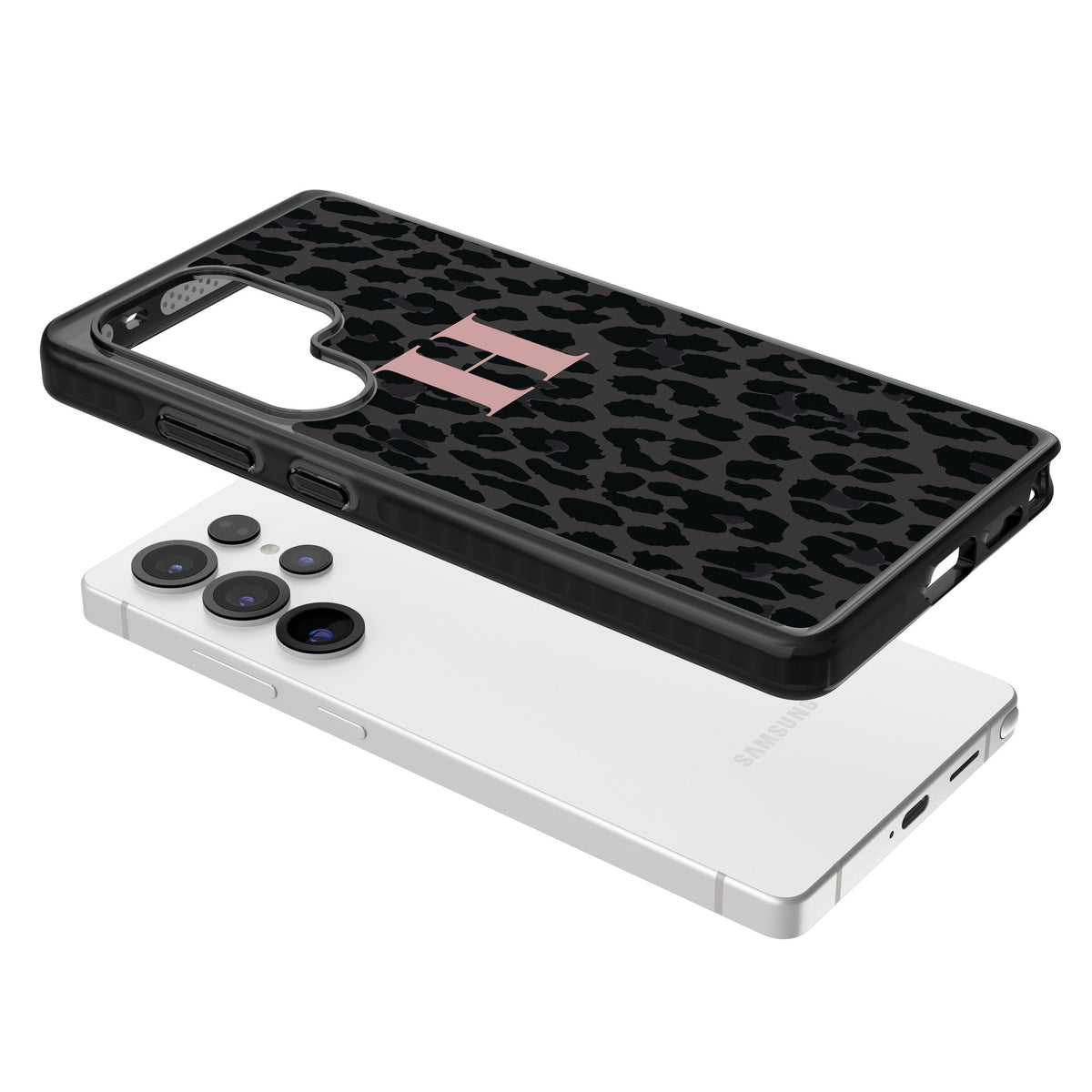 Personalised Leopard Pink Monogram Samsung S25 Ultra / Samsung S26 Ultra Impact Black Phone Case angled