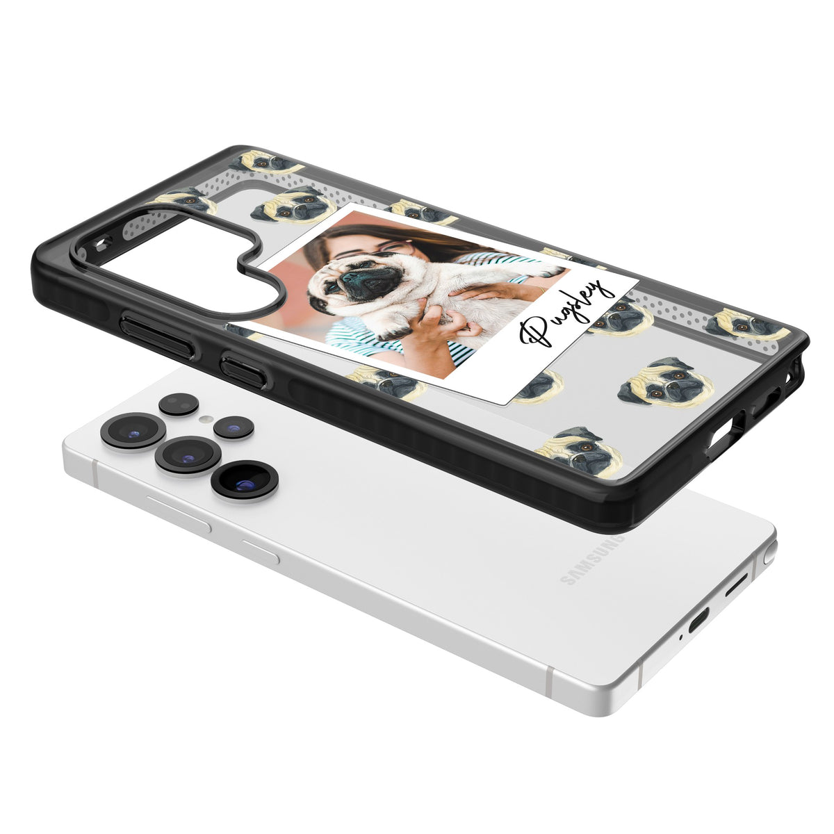 Personalised Pug Instant Camera Photo Samsung S25 Ultra / Samsung S26 Ultra Impact Black Phone Case angled