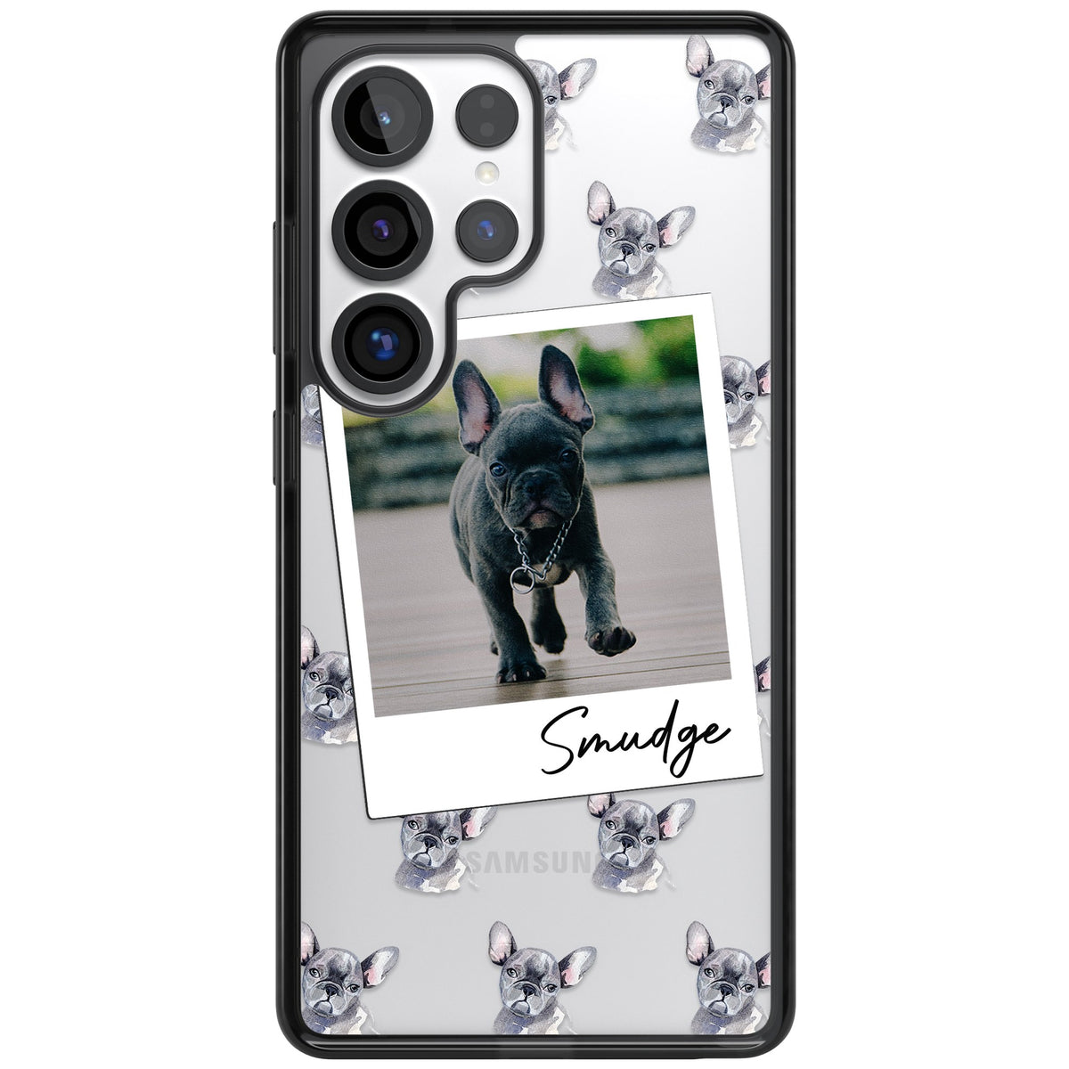 Personalised Grey French Bulldog Instant Camera Photo Samsung S25 Ultra / Samsung S26 Ultra Impact Black Phone Case front