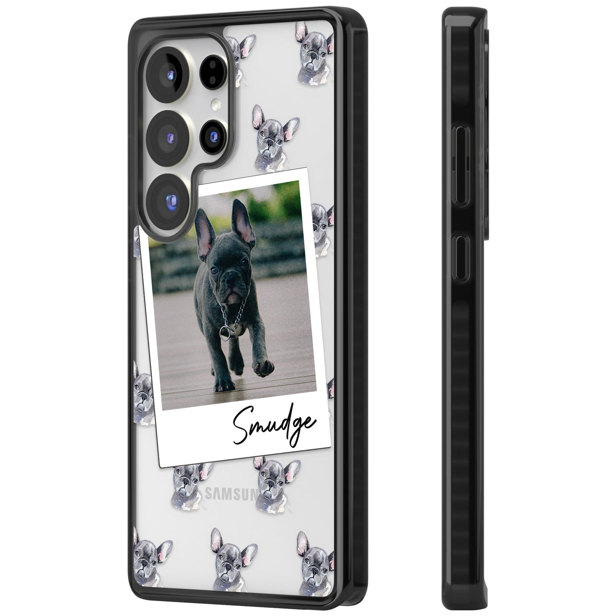 Personalised Grey French Bulldog Instant Camera Photo Samsung S25 Ultra / Samsung S26 Ultra Impact Black Phone Case side