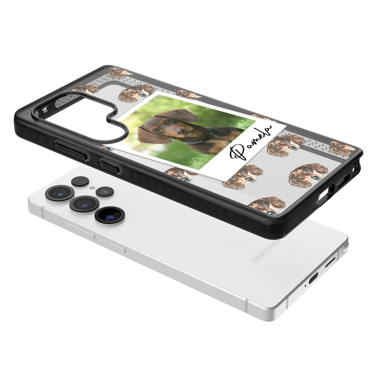 Personalised Brown Dachshund Instant Camera Photo Samsung S25 Ultra / Samsung S26 Ultra Impact Black Phone Case angled