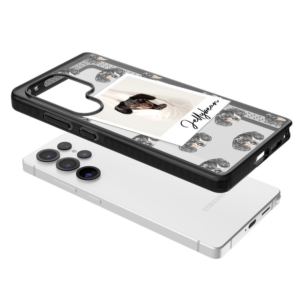 Personalised Black Dachshund Instant Camera Photo Samsung S25 Ultra / Samsung S26 Ultra Impact Black Phone Case angled