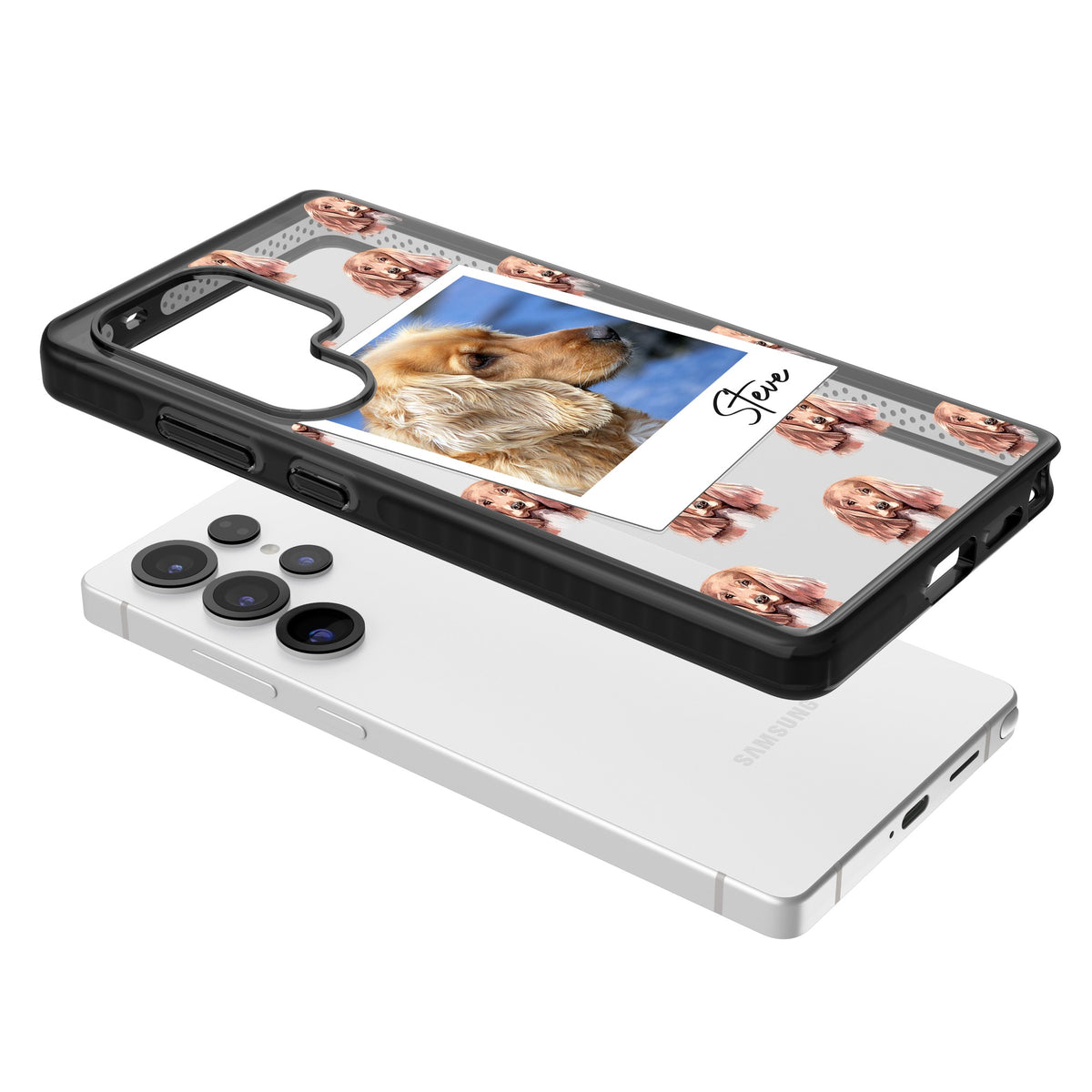 Personalised Cocker Spaniel Instant Camera Photo Samsung S25 Ultra / Samsung S26 Ultra Impact Black Phone Case angled