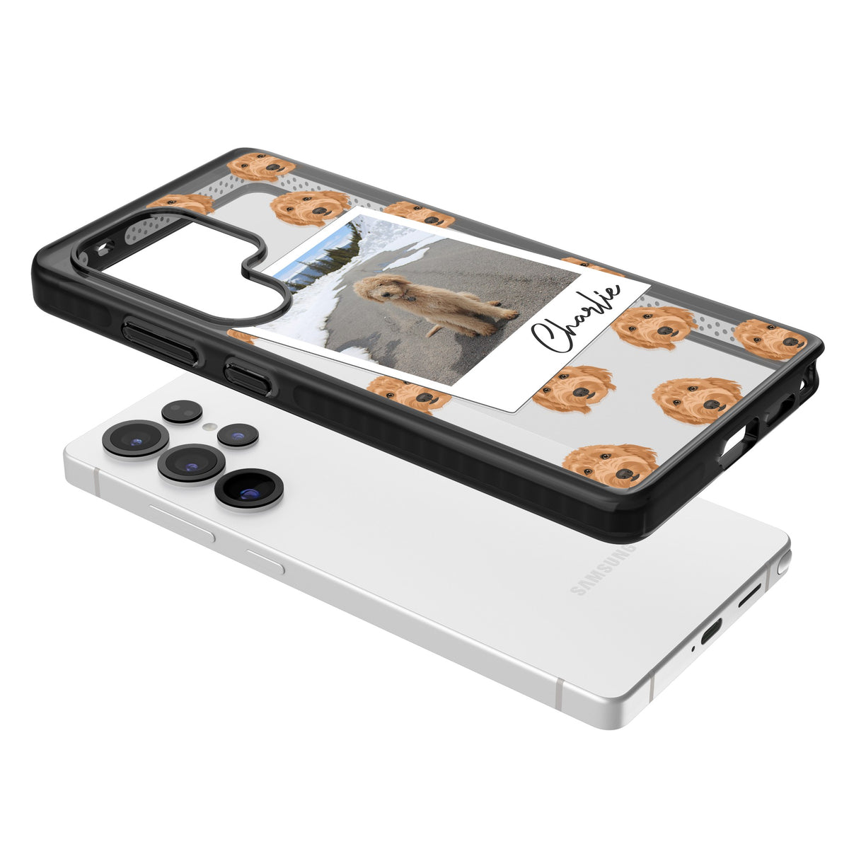 Personalised Golden Doodle Dog Photo Samsung S25 Ultra / Samsung S26 Ultra Impact Black Phone Case angled