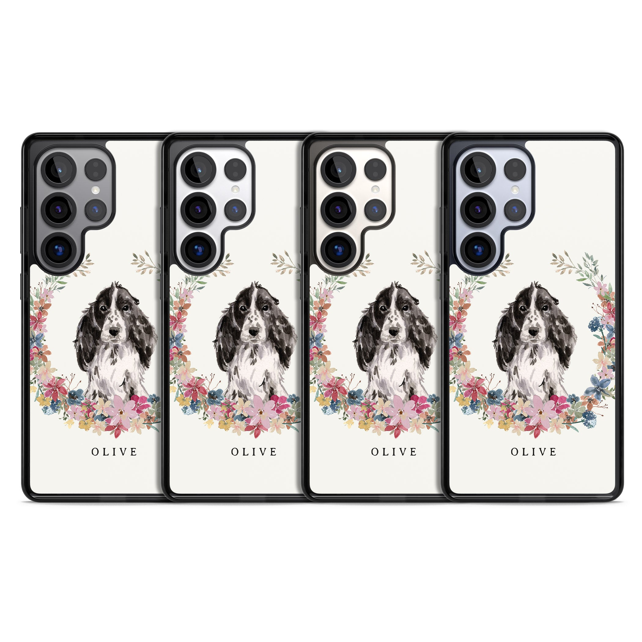 Personalised Black Cocker Spaniel Floral Portrait