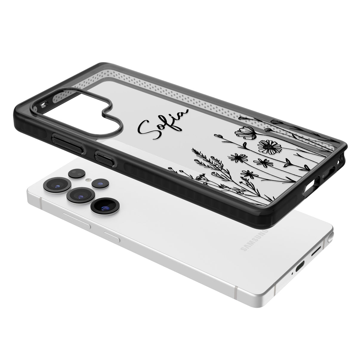Personalised Black Wildflowers Samsung S25 Ultra / Samsung S26 Ultra Impact Black Phone Case angled