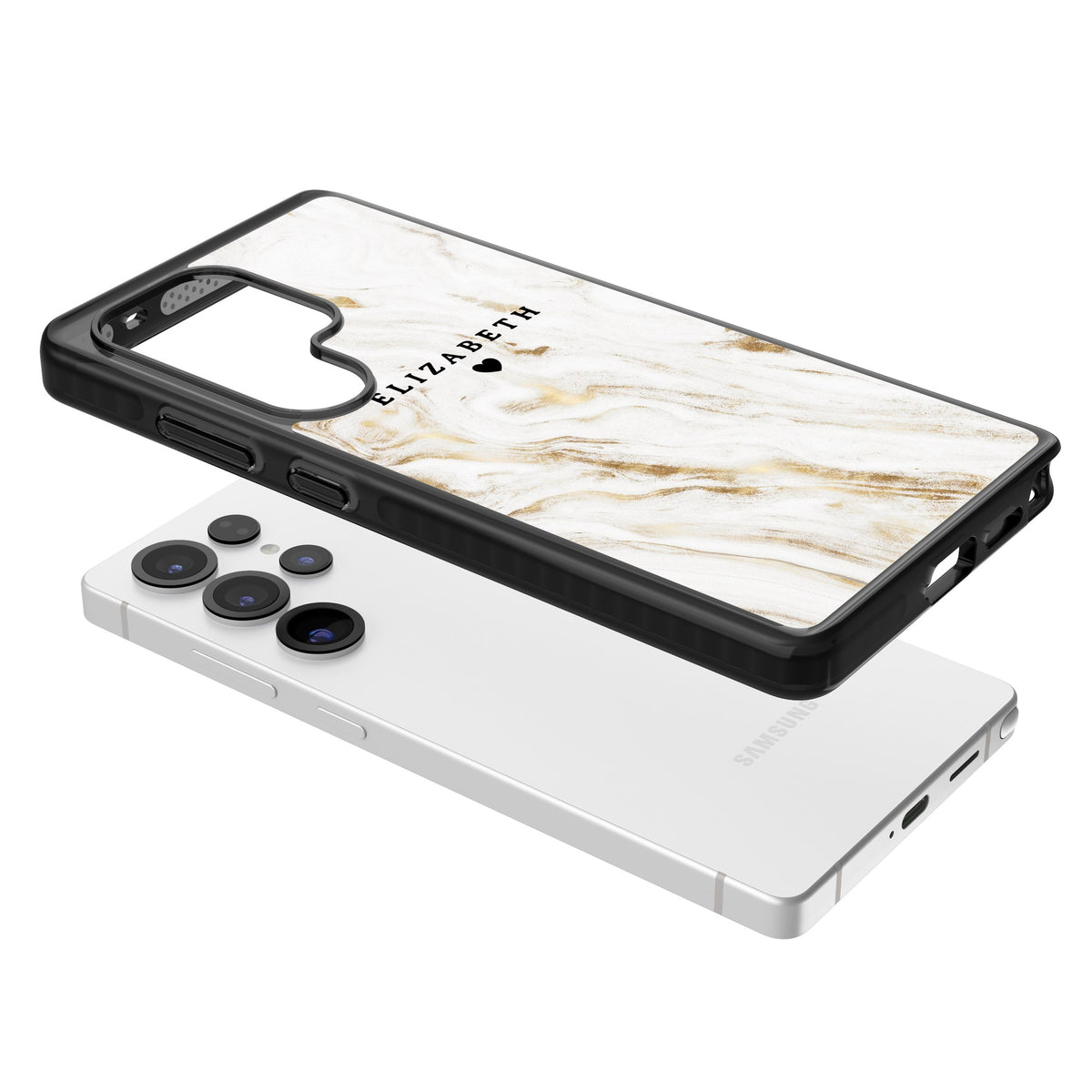Personalised White Gilded Marble Samsung S25 Ultra / Samsung S26 Ultra Impact Black Phone Case angled