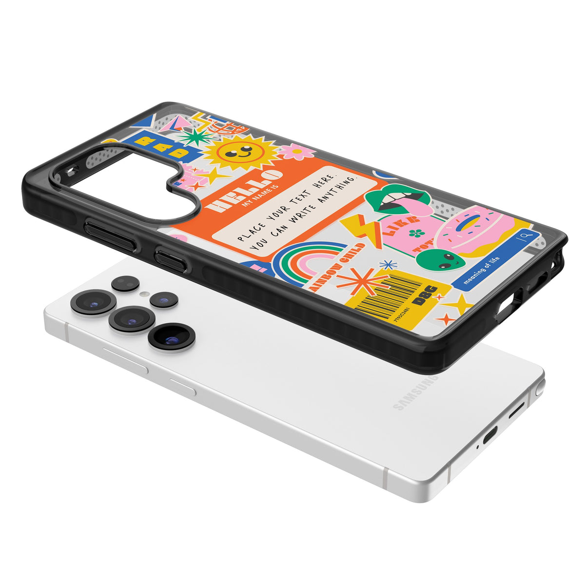 Personalised Retro Nametag Sticker Samsung S25 Ultra / Samsung S26 Ultra Impact Black Phone Case angled