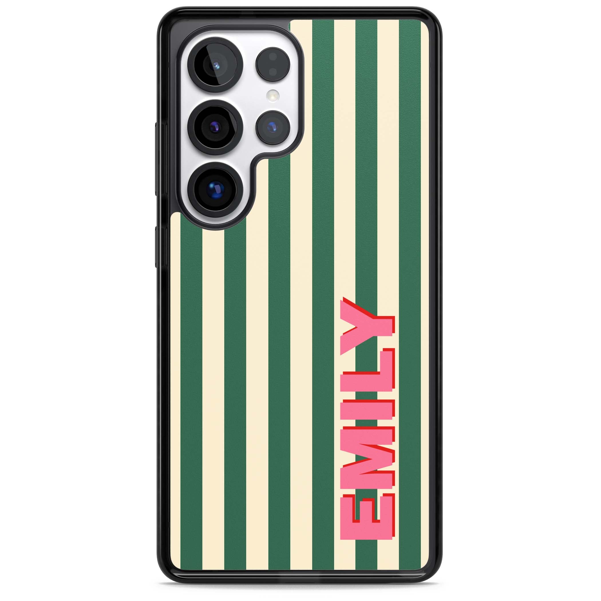 Wimbledon Stripe preppy iPhone case featuring green and cream vertical stripes with a personalised pink name | Black Impact case for Samsung Galaxy S25 Ultra