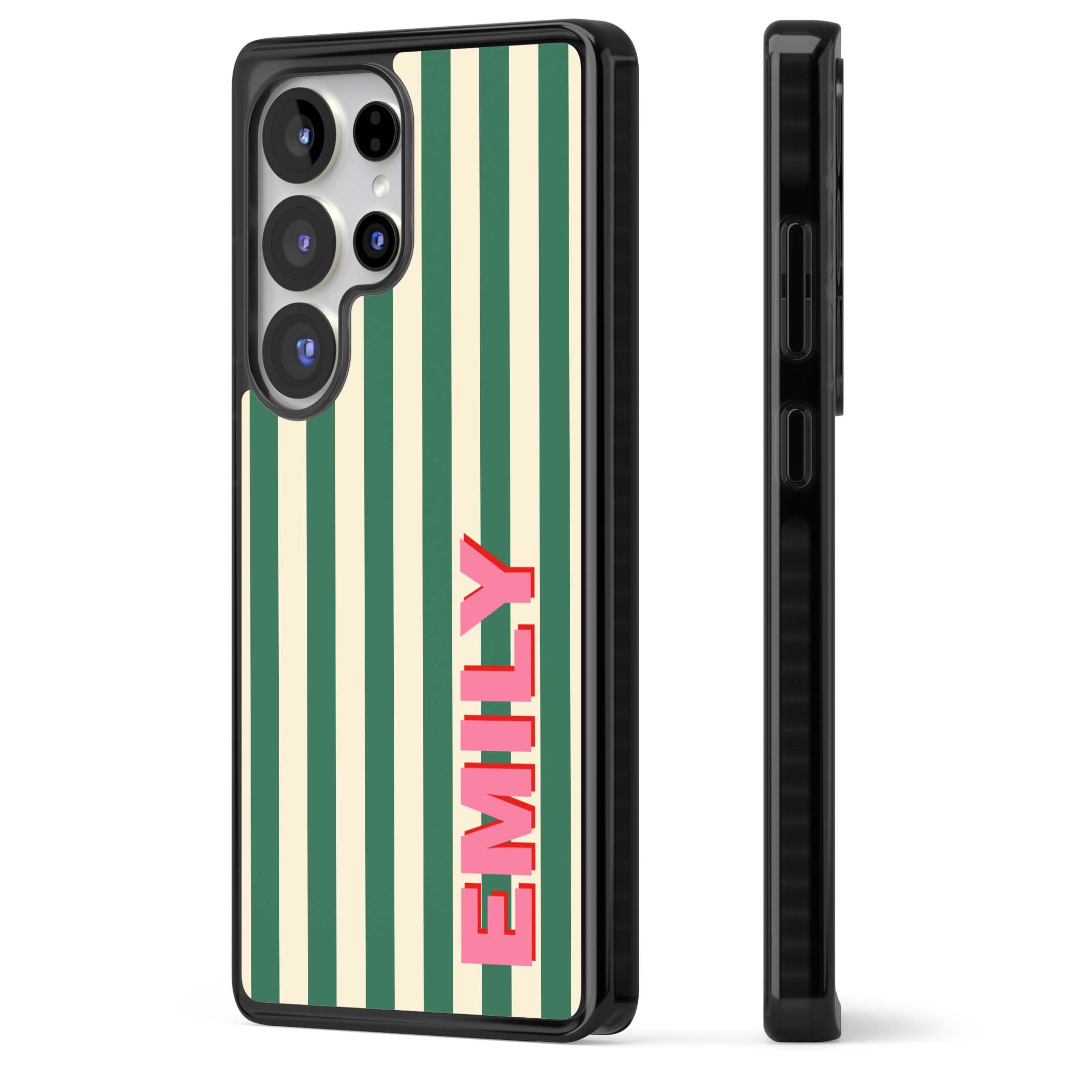 Wimbledon Stripe preppy iPhone case featuring green and cream vertical stripes with a personalised pink name | Black Impact case for Samsung Galaxy S25 Ultra