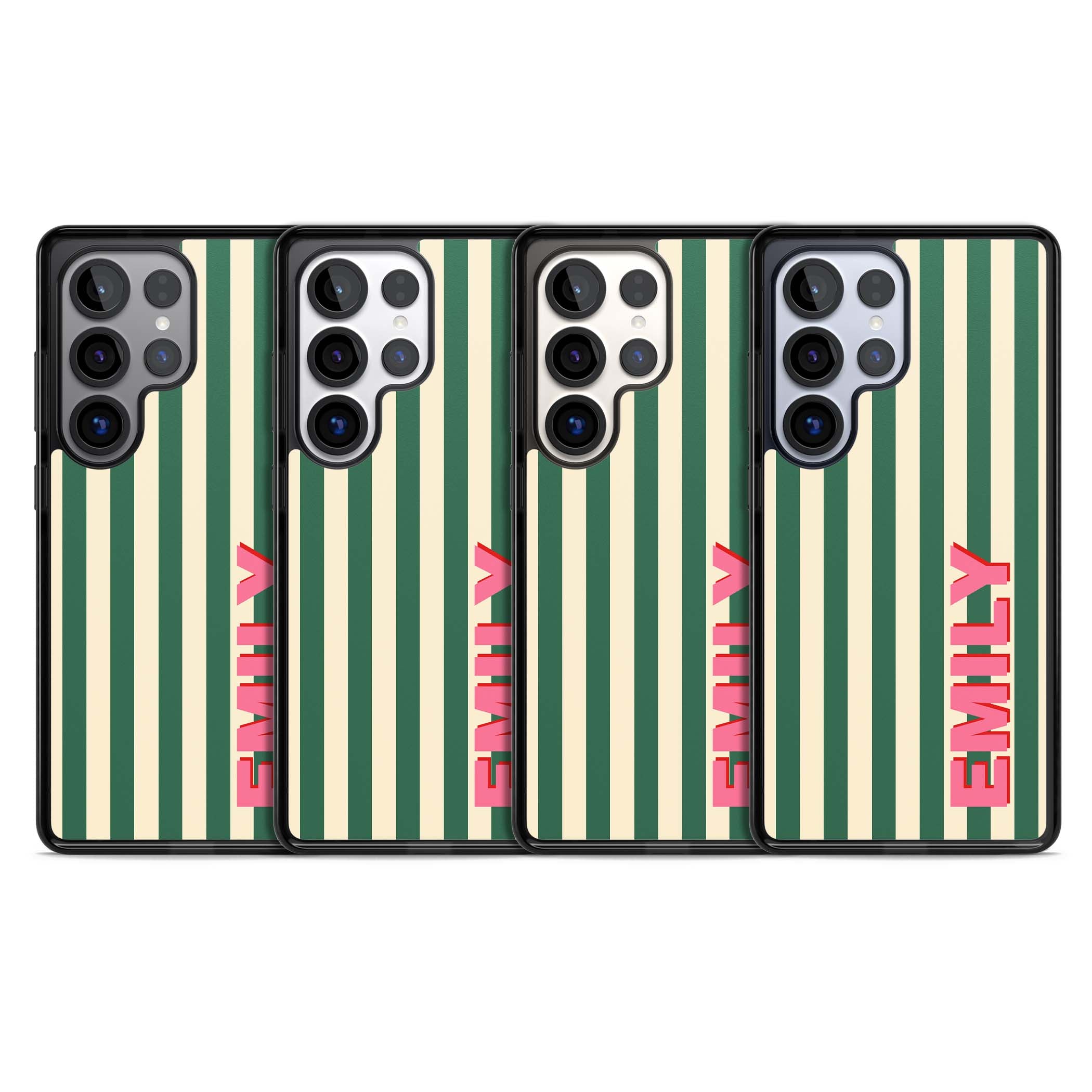 Wimbledon Stripe preppy iPhone case featuring green and cream vertical stripes with a personalised pink name | Black Impact case for Samsung Galaxy S25 Ultra