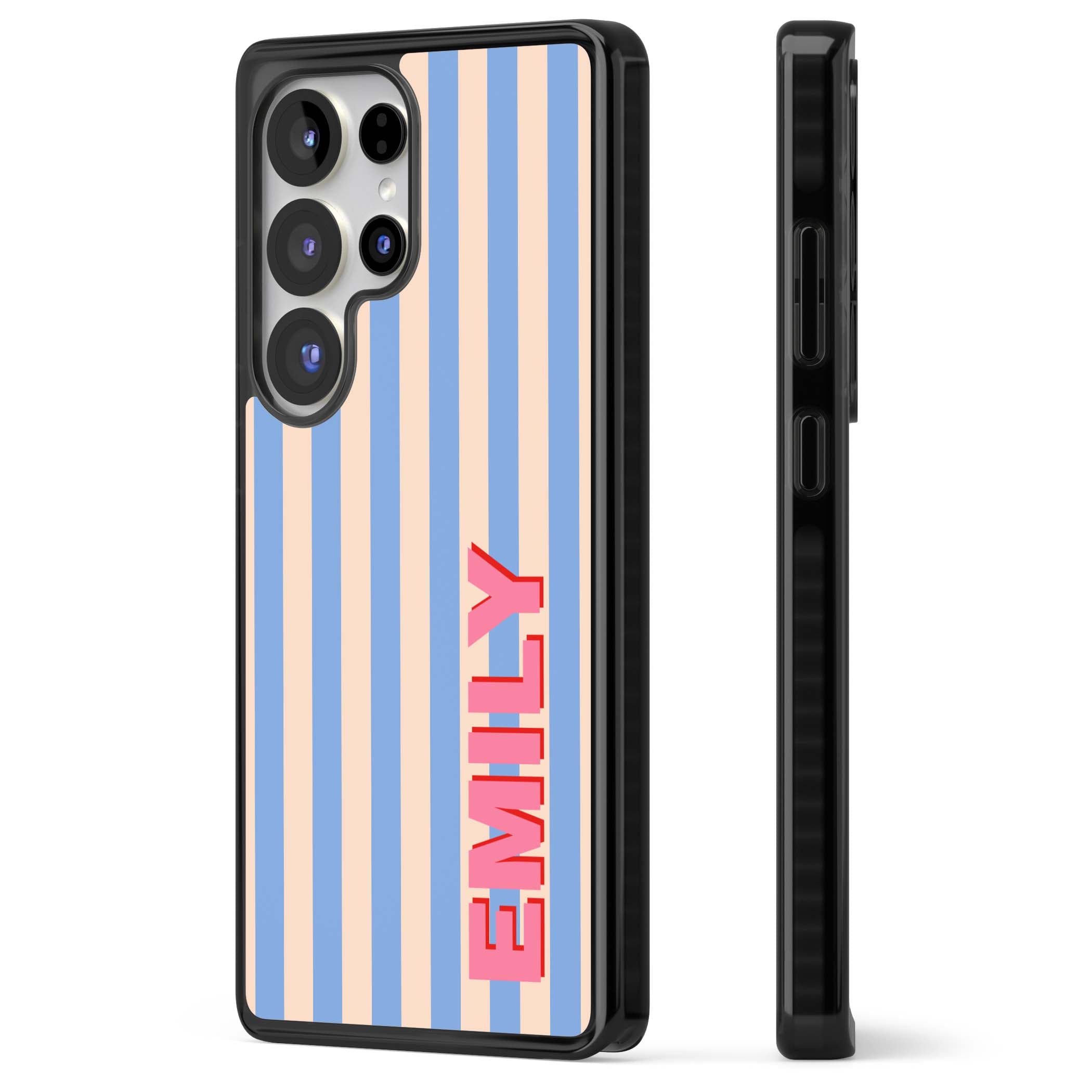 Coastal Stripe personalised coastal iPhone case with blue and peach vertical stripes and custom pink name | Black Impact case for Samsung Galaxy S25 Ultra