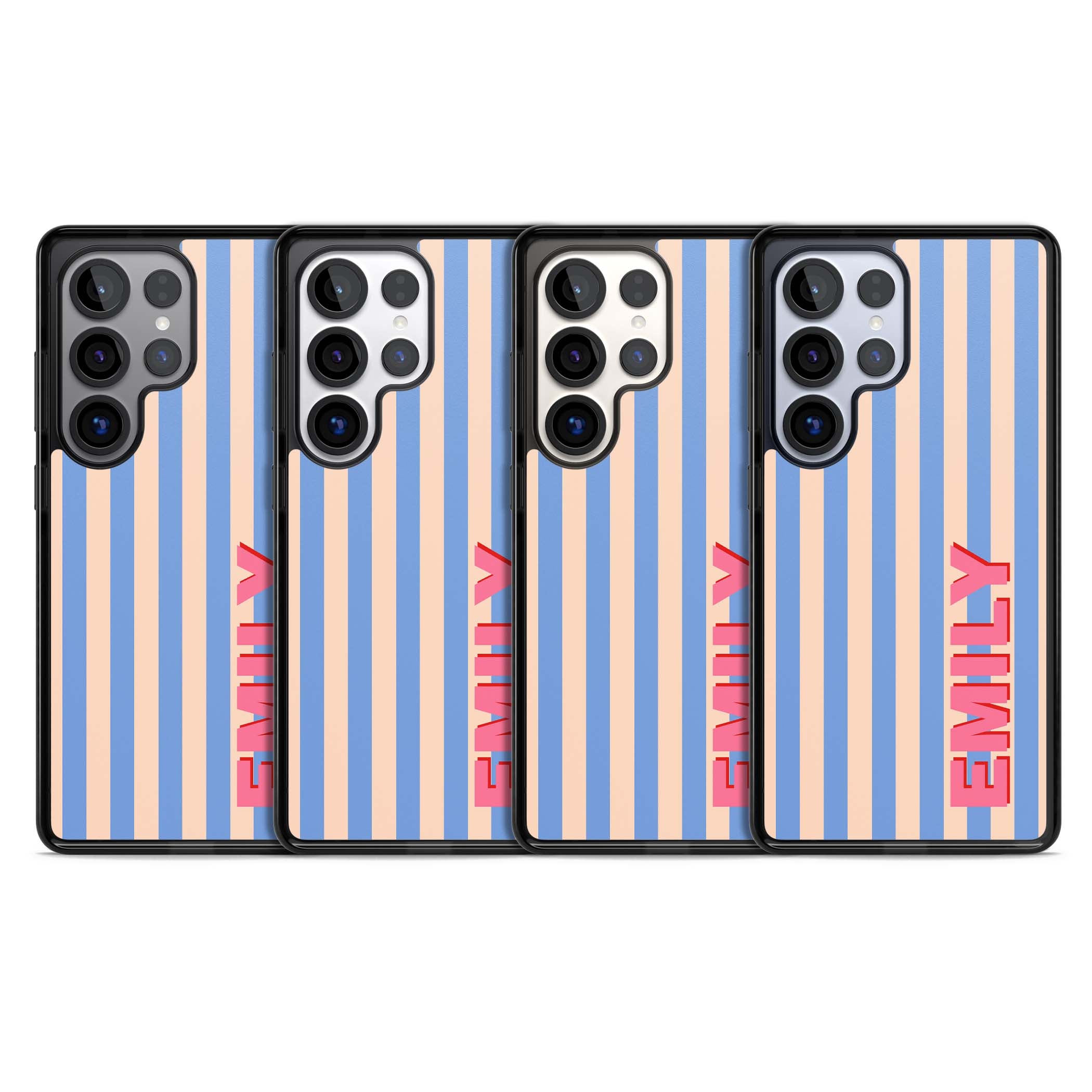 Coastal Stripe personalised coastal iPhone case with blue and peach vertical stripes and custom pink name | Black Impact case for Samsung Galaxy S25 Ultra