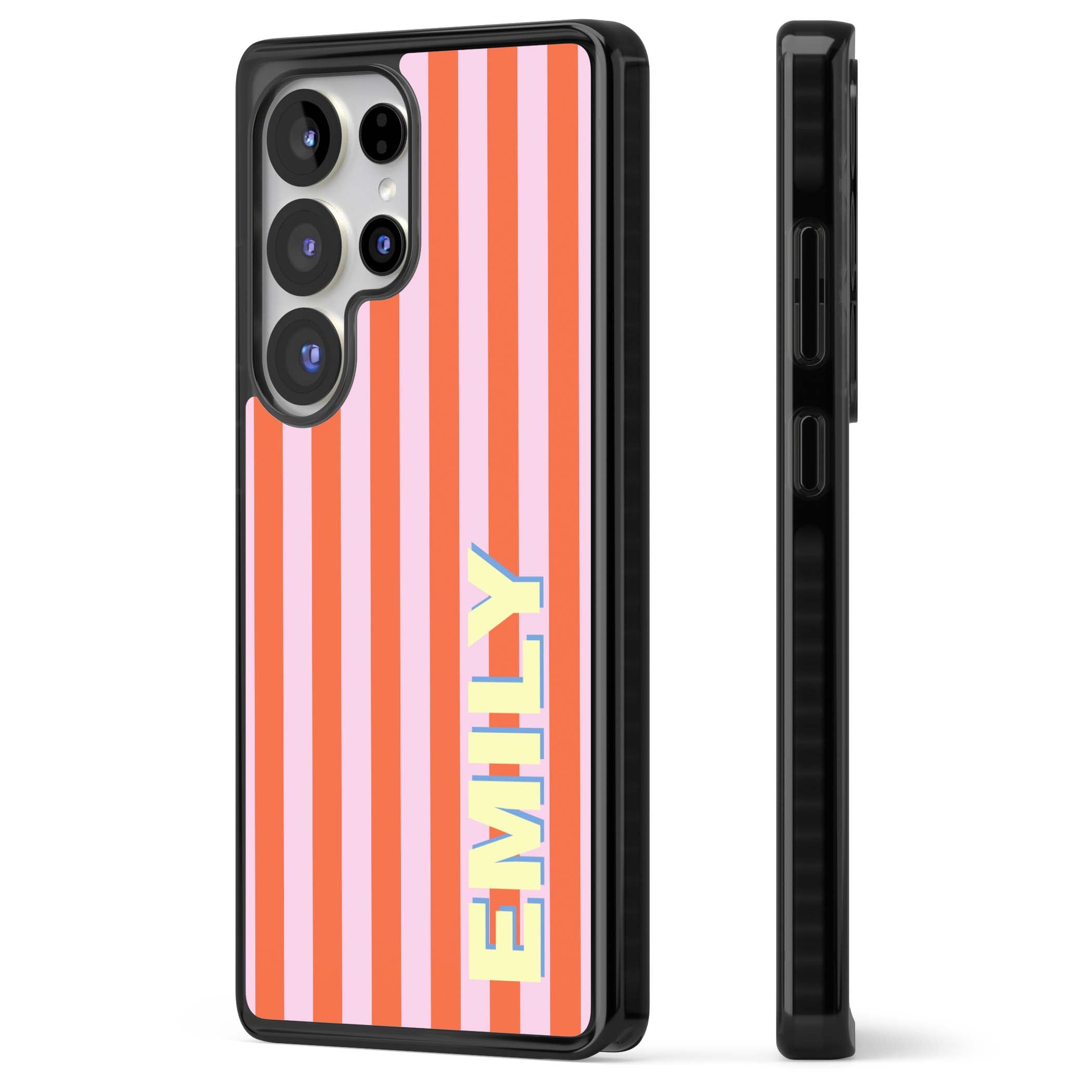 Havana Stripe personalised iPhone case featuring pink and orange vertical stripes with a custom yellow name | Black Impact case for Samsung Galaxy S25 Ultra