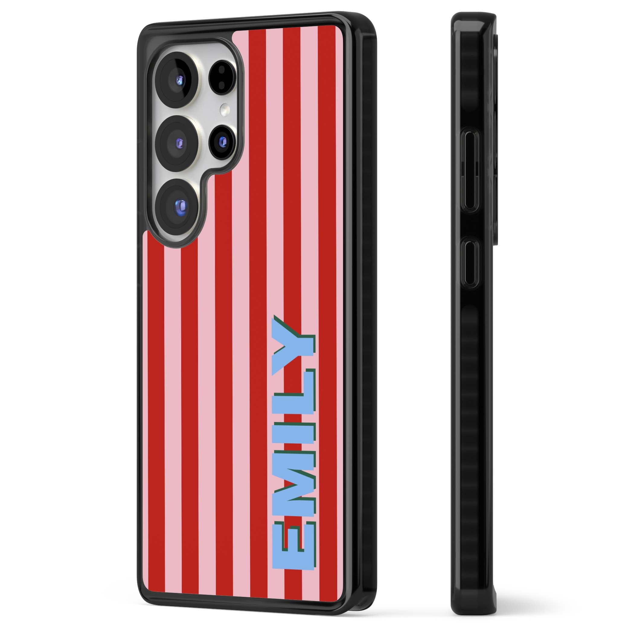 Market Stripe personalised iPhone case with red and pink vertical stripes and custom blue name | Black Impact case for Samsung Galaxy S25 Ultra