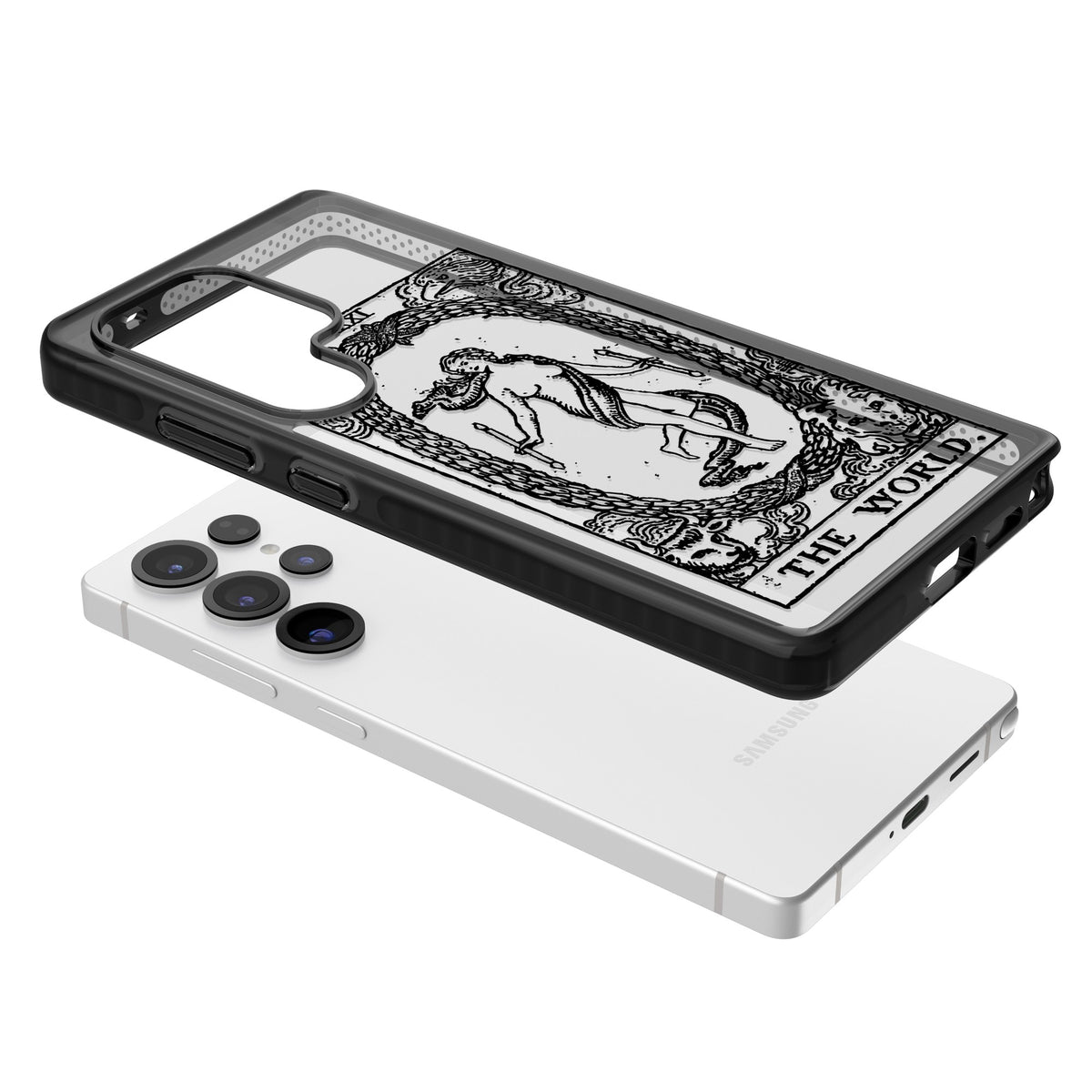Personalised The World Tarot Card (Clear) Samsung S25 Ultra / Samsung S26 Ultra Impact Black Phone Case angled
