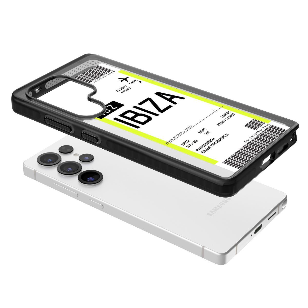 Personalised Ibiza Boarding Pass Samsung S25 Ultra / Samsung S26 Ultra Impact Black Phone Case angled