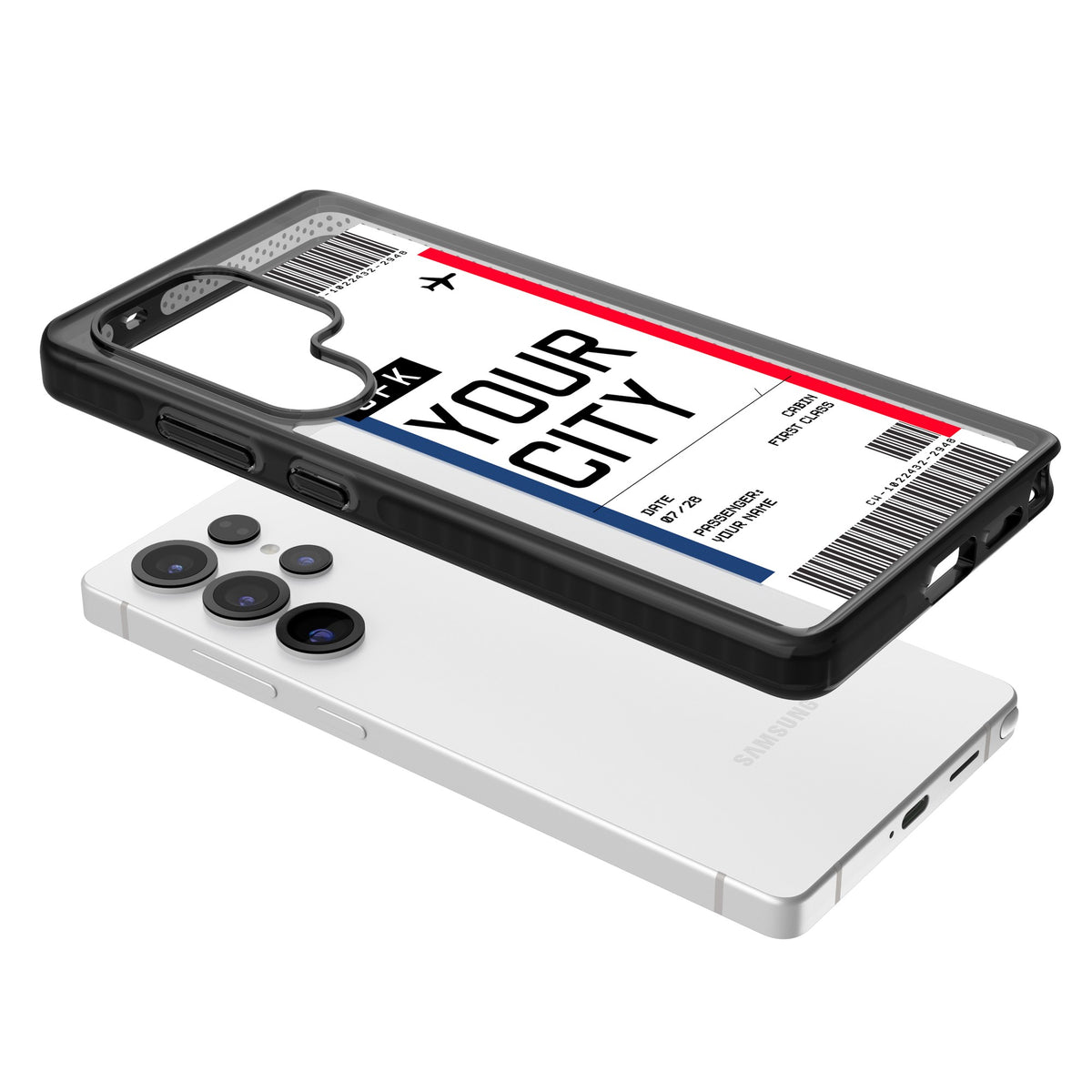 Personalised Create Your Own Boarding Pass Ticket Samsung S25 Ultra / Samsung S26 Ultra Impact Black Phone Case angled
