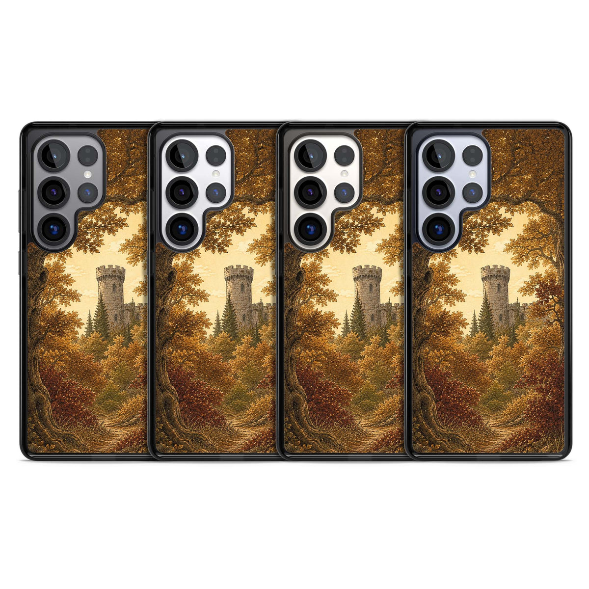 Autumn Keep cottagecore iPhone case featuring a medieval castle tower framed by golden autumn trees and woodland foliage | Black Impact case for Samsung Galaxy S25 Ultra