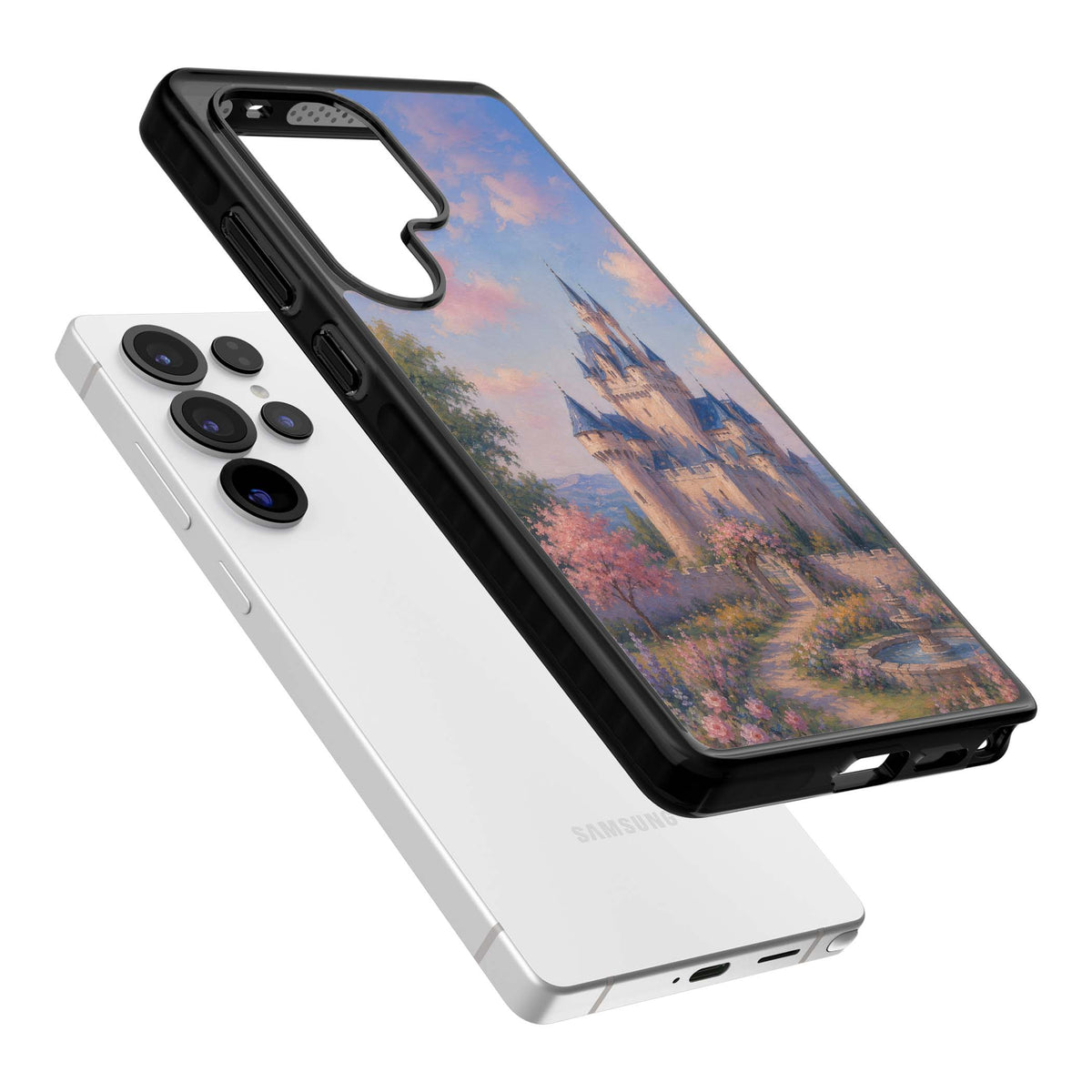 Enchanted Kingdom fairytale iPhone case featuring a romantic castle painting with cherry blossoms and pastel pink sky | Black Impact case for Samsung Galaxy S25 Ultra