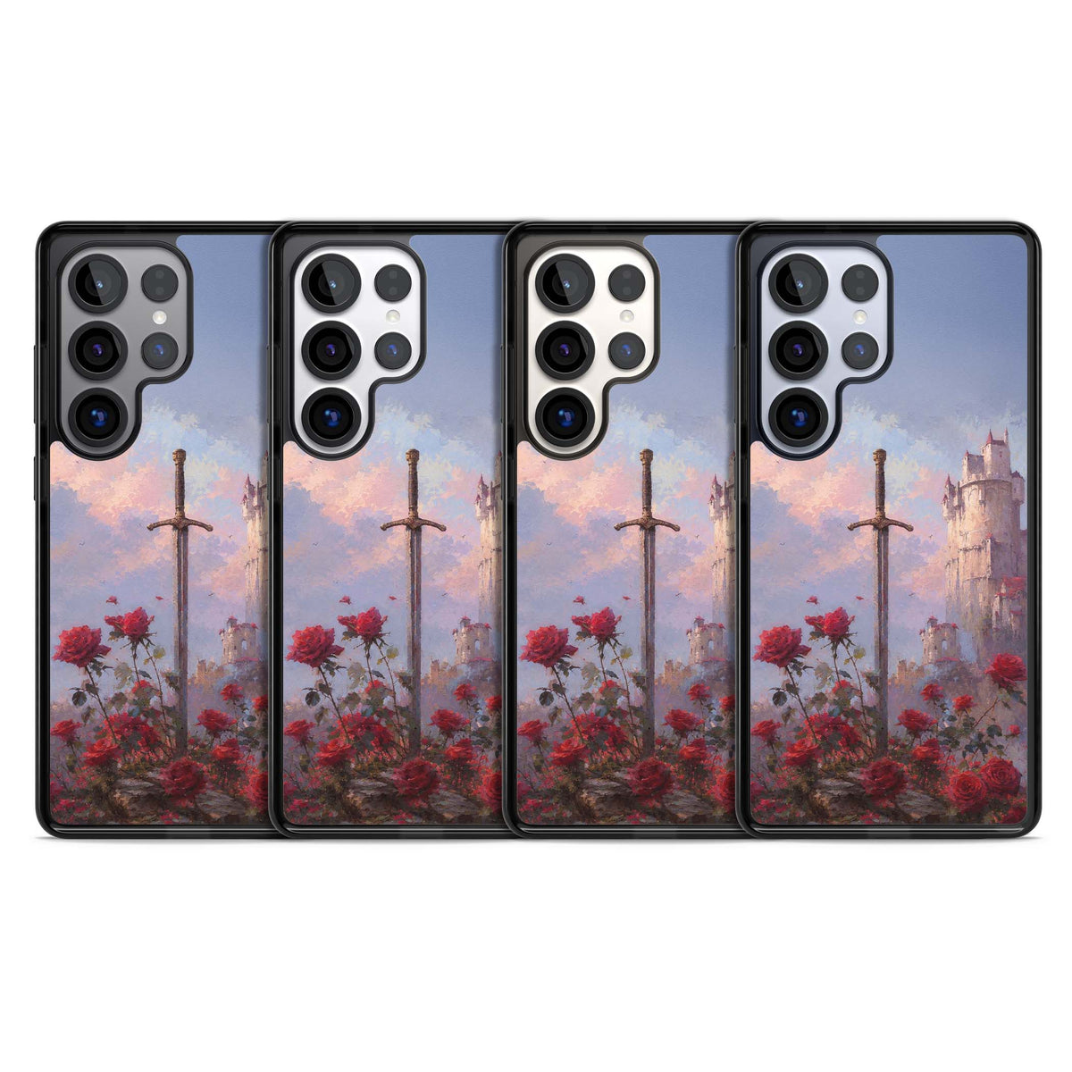Sword in Roses medieval art iPhone case featuring a sword, red roses, and a misty fairytale castle at sunset | Black Impact case for Samsung Galaxy S25 Ultra