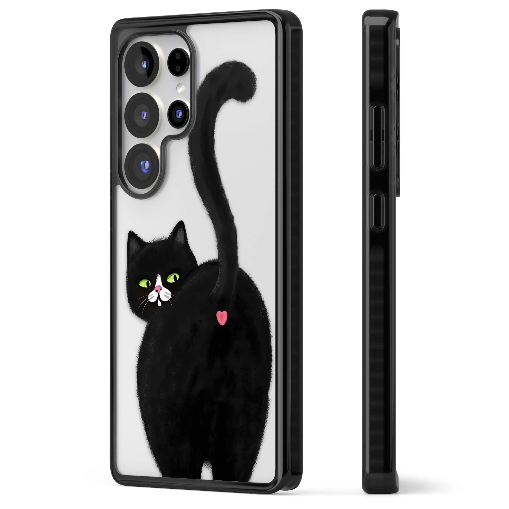 The Cat's Kiss cute cat iPhone case featuring a hand-painted tuxedo kitty with green eyes and a pink heart on a clear | Black Impact case for Samsung Galaxy S25 Ultra