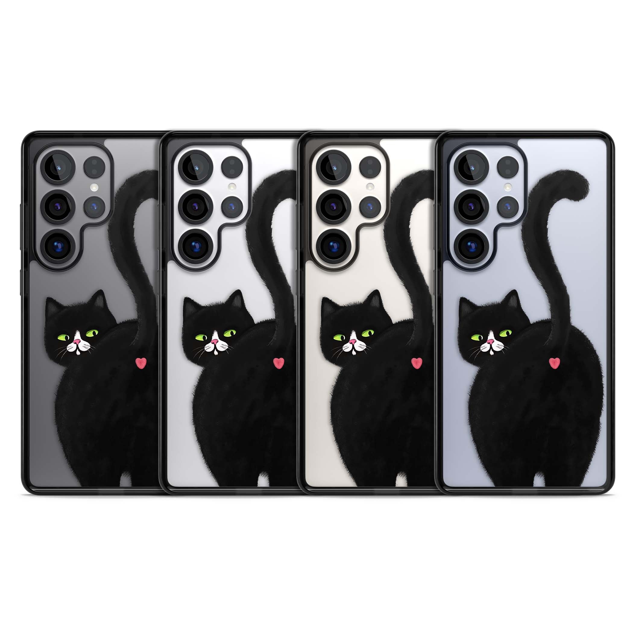 The Cat's Kiss cute cat iPhone case featuring a hand-painted tuxedo kitty with green eyes and a pink heart on a clear | Black Impact case for Samsung Galaxy S25 Ultra