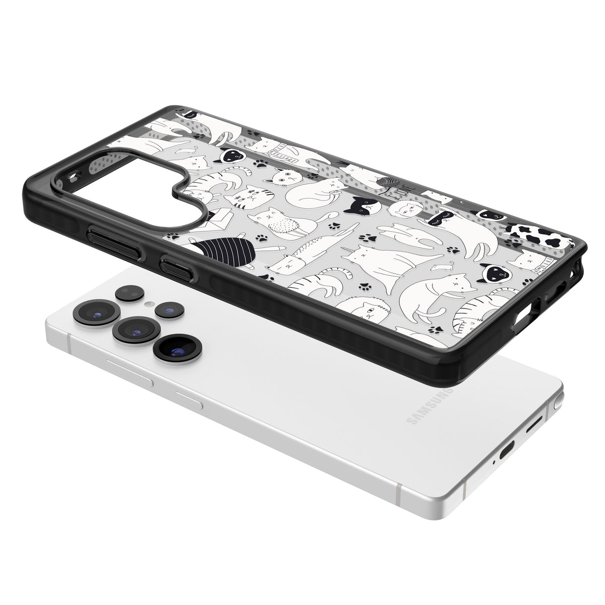 Cartoon Cats (Black & White) Samsung S25 Ultra / Samsung S26 Ultra Impact Black Phone Case angled