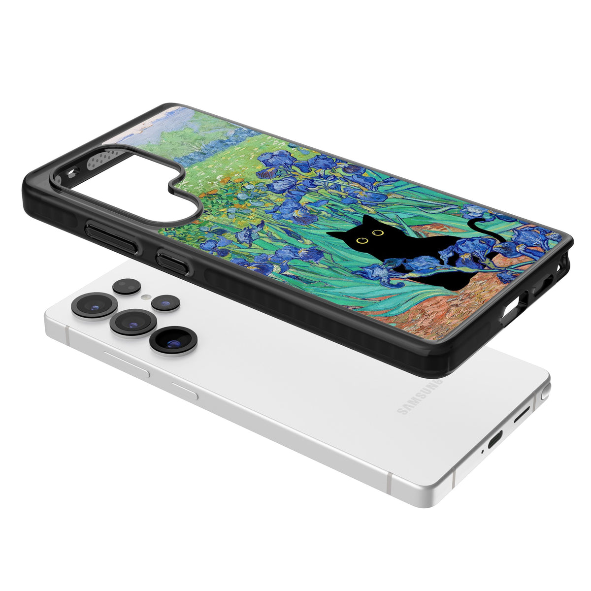 Cat in Van Gogh's Irises Samsung S25 Ultra / Samsung S26 Ultra Impact Black Phone Case angled