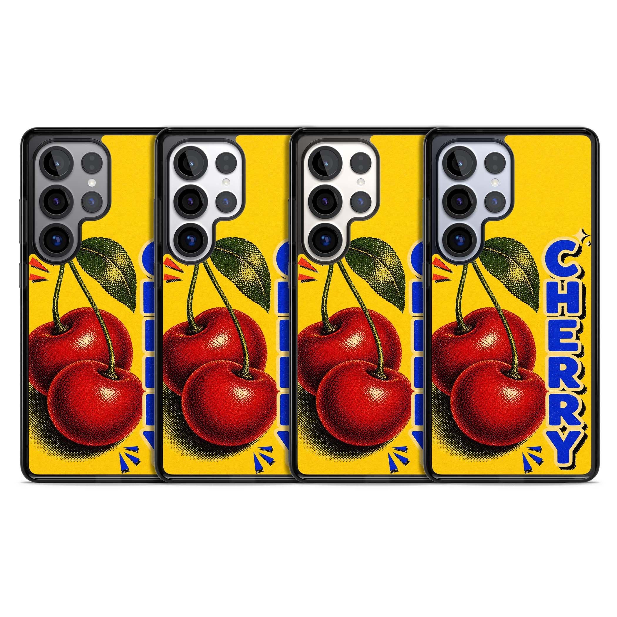 Cherry Yellow y2k iPhone case featuring two red cherries, halftone shading and bold blue CHERRY lettering on yellow | Black Impact case for Samsung Galaxy S25 Ultra