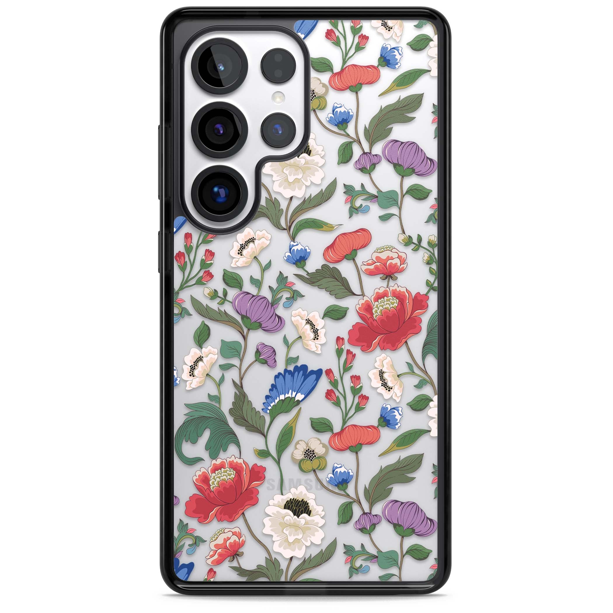 Chinoiserie Bloom vintage floral iPhone case featuring hand-painted peonies, poppies and trailing wildflowers on clear... | Black Impact case for Samsung Galaxy S25 Ultra
