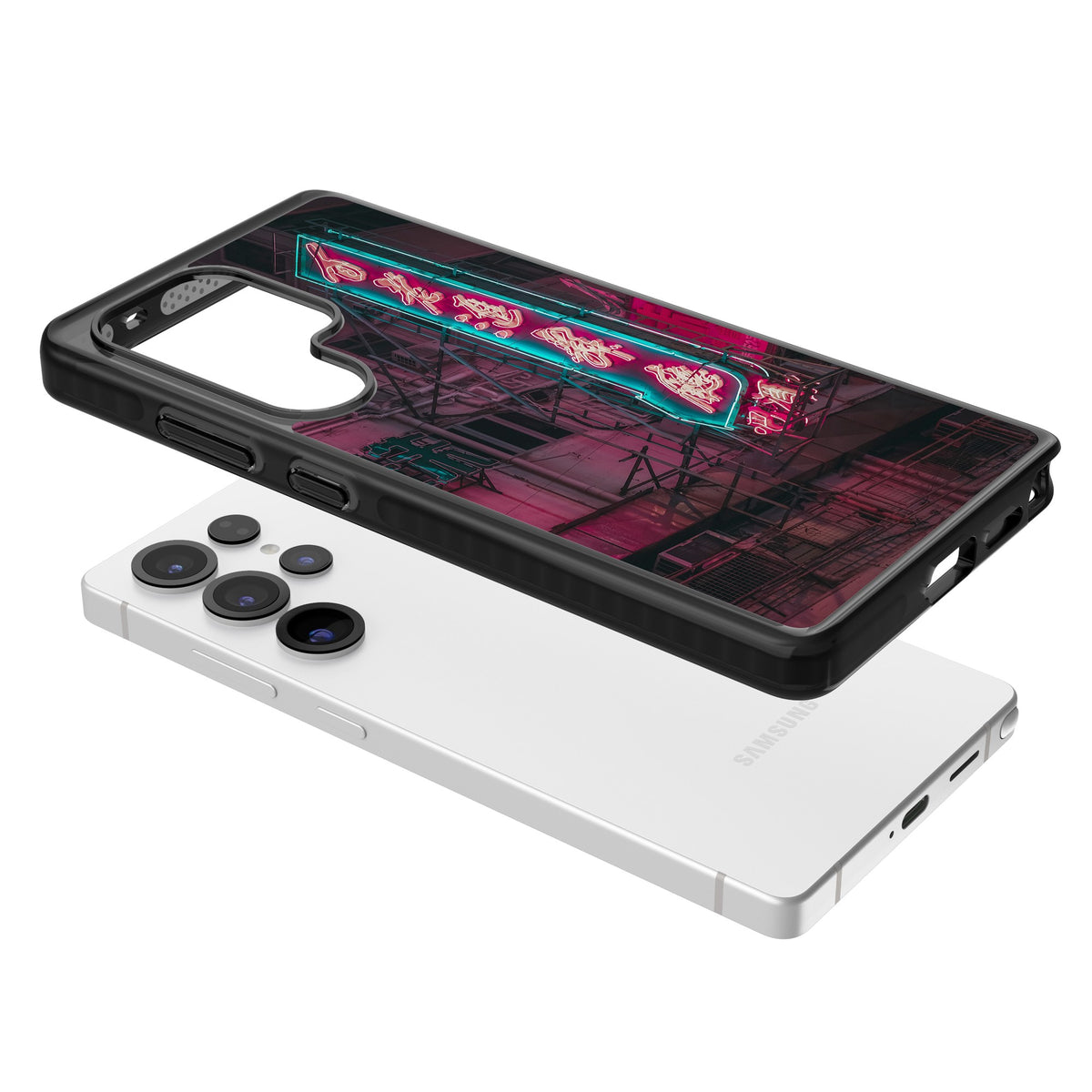 Neon Kanji Cityscape Samsung S25 Ultra / Samsung S26 Ultra Impact Black Phone Case angled