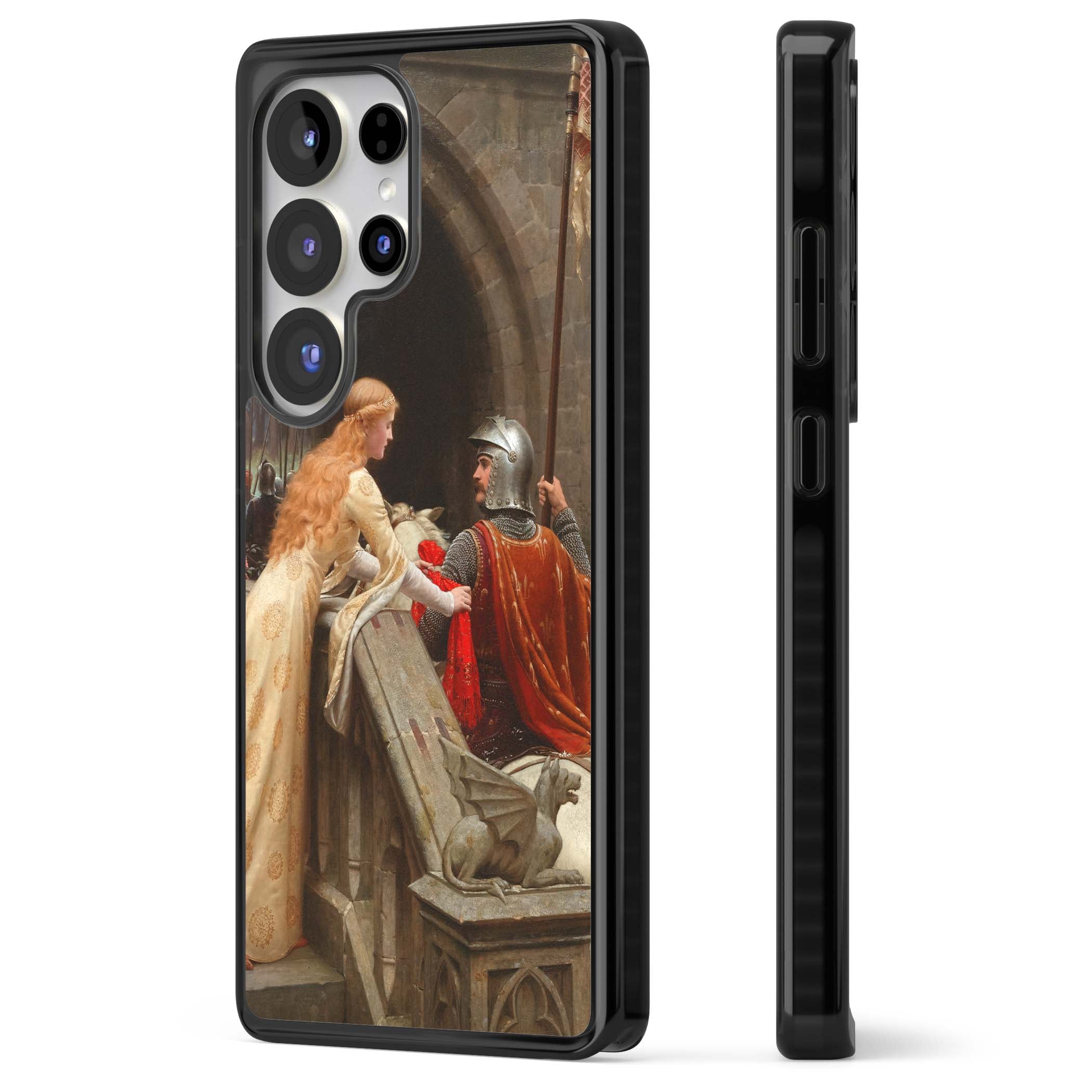 God Speed fine art iPhone case featuring Edmund Blair Leighton's medieval knight and lady beneath a stone archway | Black Impact case for Samsung Galaxy S25 Ultra