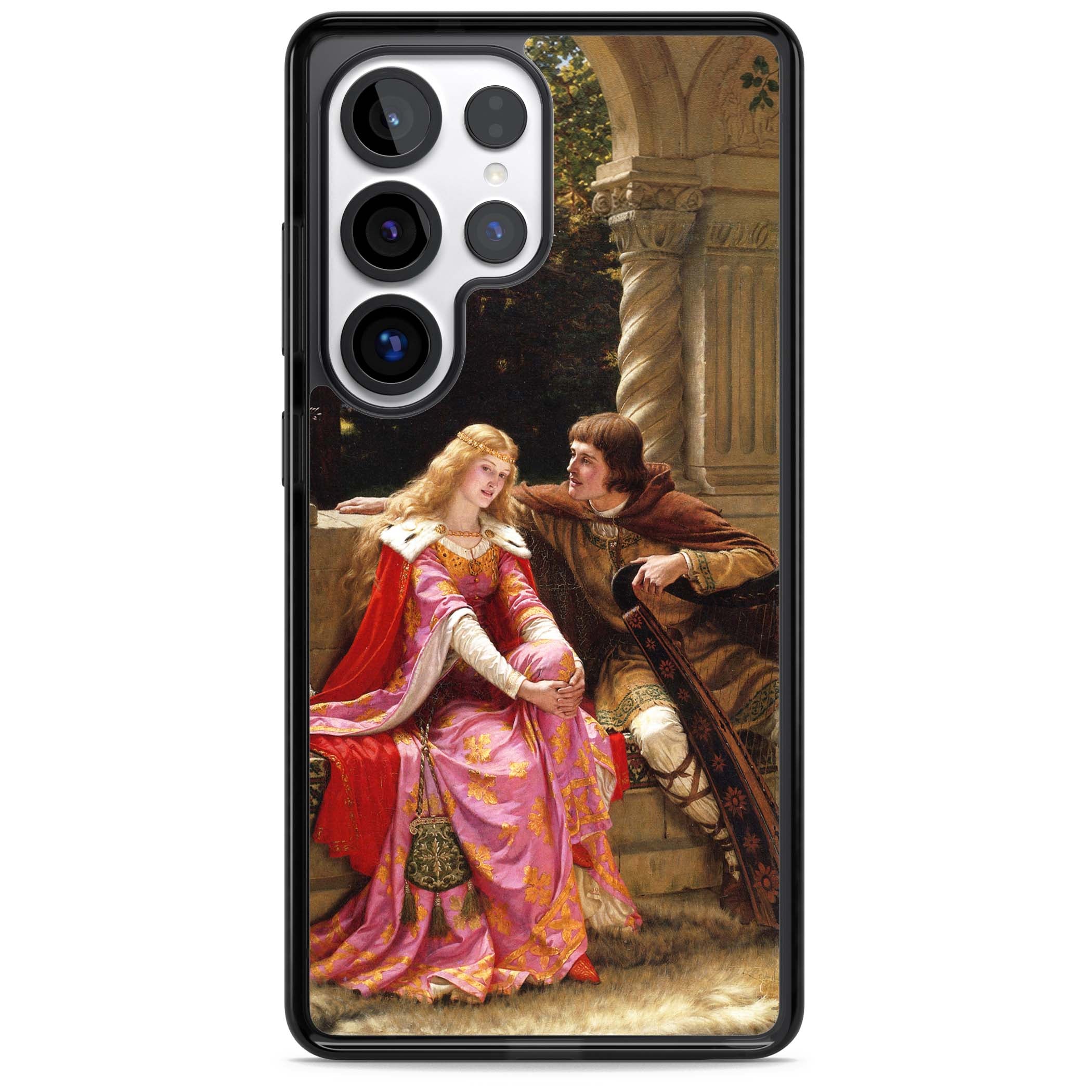 The End of the Song classic art iPhone case featuring a medieval lady in pink gown and her knight in a stone archway | Black Impact case for Samsung Galaxy S25 Ultra