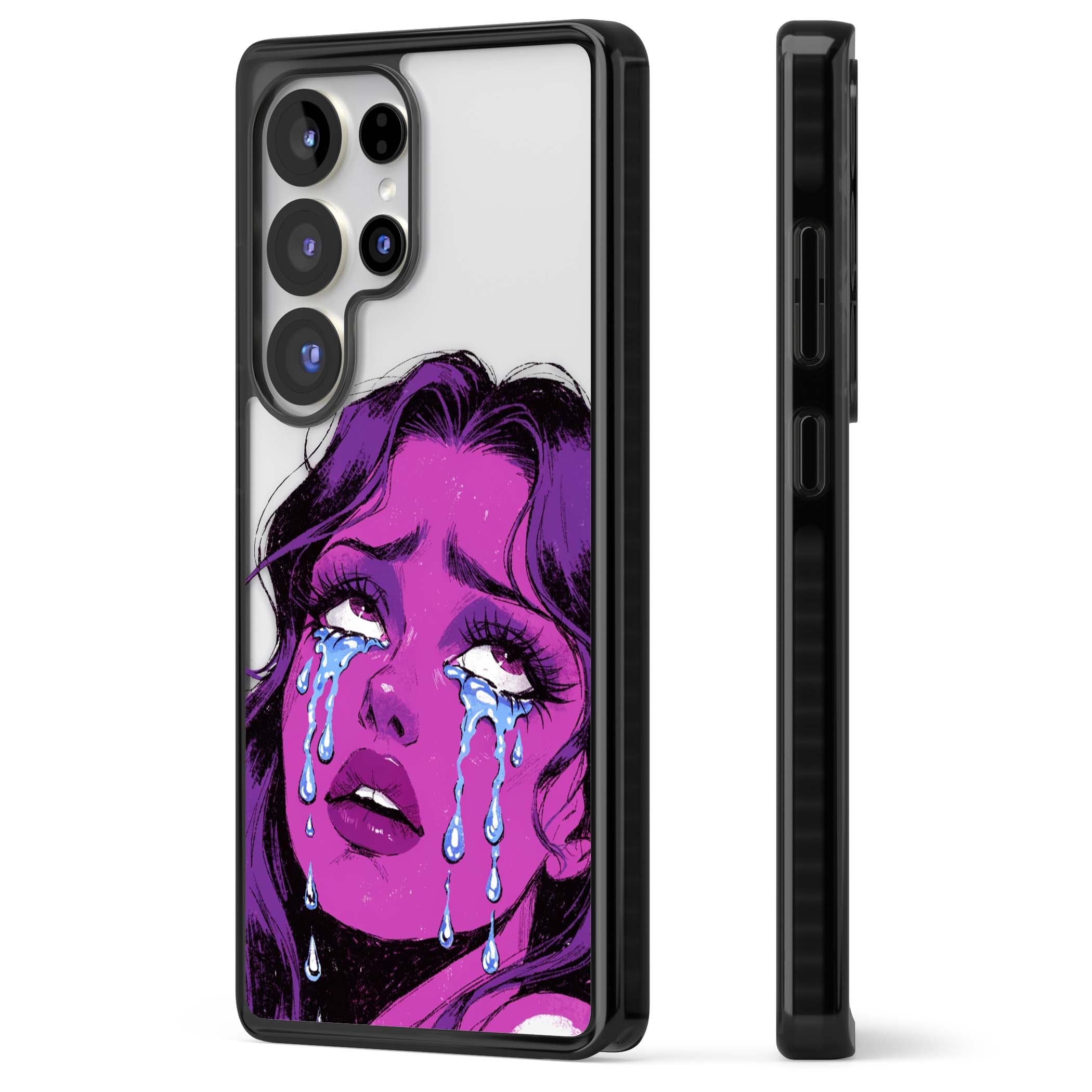 Drama Queen pop art iPhone case featuring a purple crying comic girl with blue tears | Black Impact case for Samsung Galaxy S25 Ultra
