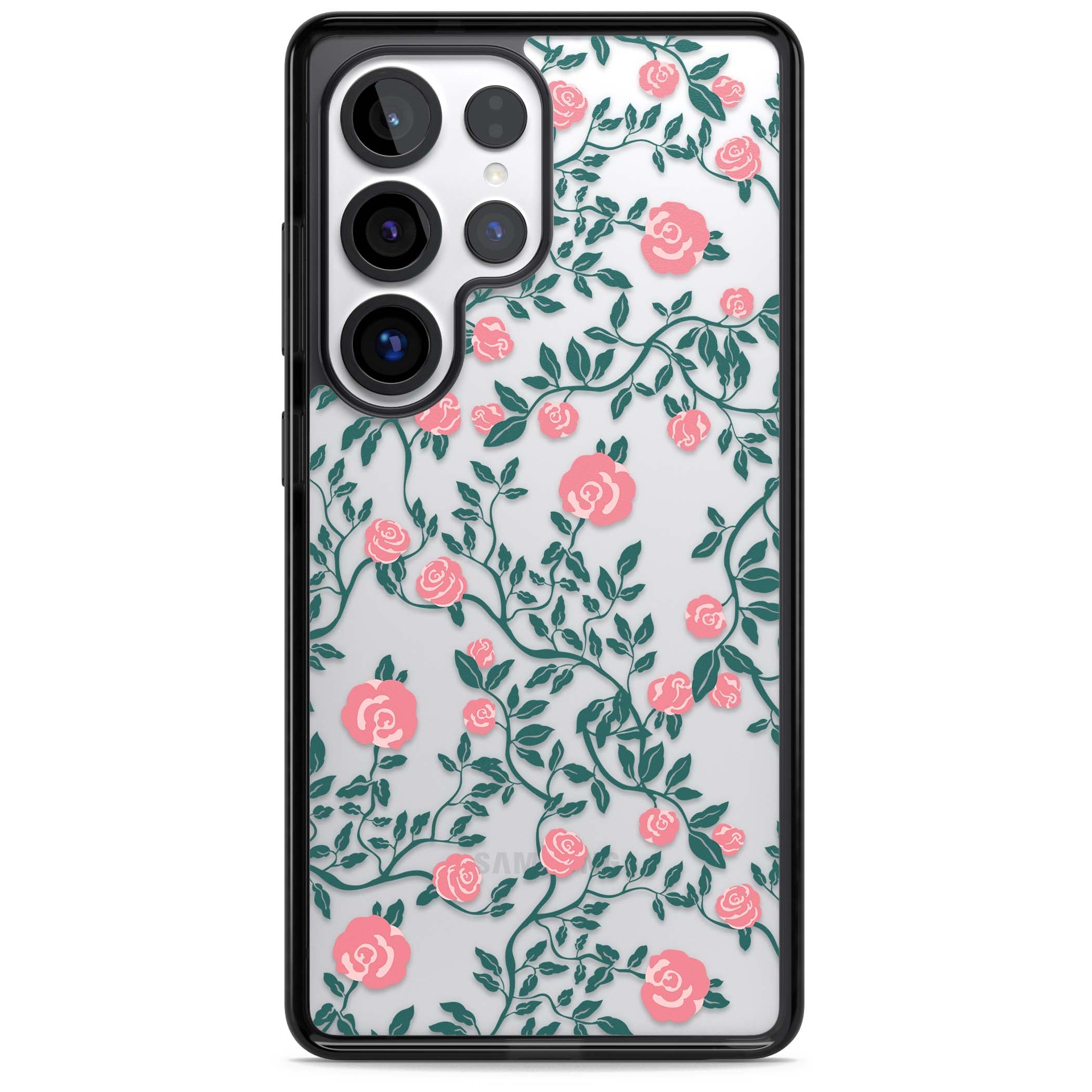 Rose Trellis (Clear) cottagecore iPhone case featuring pink climbing roses and green leaves on clear background | Black Impact case for Samsung Galaxy S25 Ultra